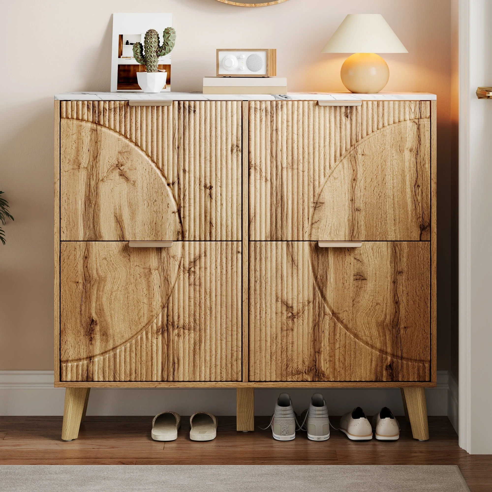 Shoe Cabinet with 4 Doors and Marble Look Worktop, Wood Look and Solid Wood Legs - Image 7