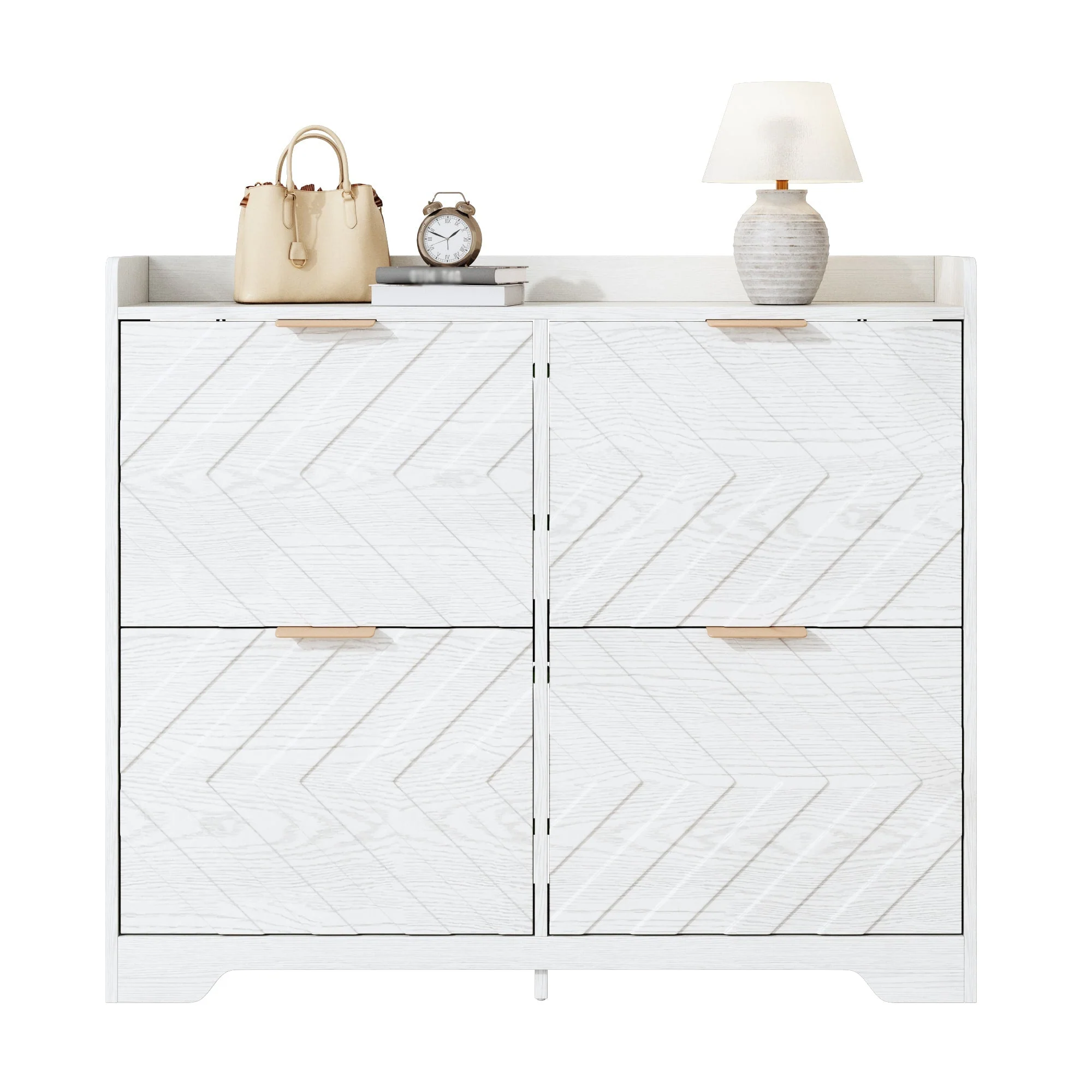 Shoe Cabinet with 4 Flip Drawers, 3D Textured Front and Top Shelf, White Particle Board - Image 2