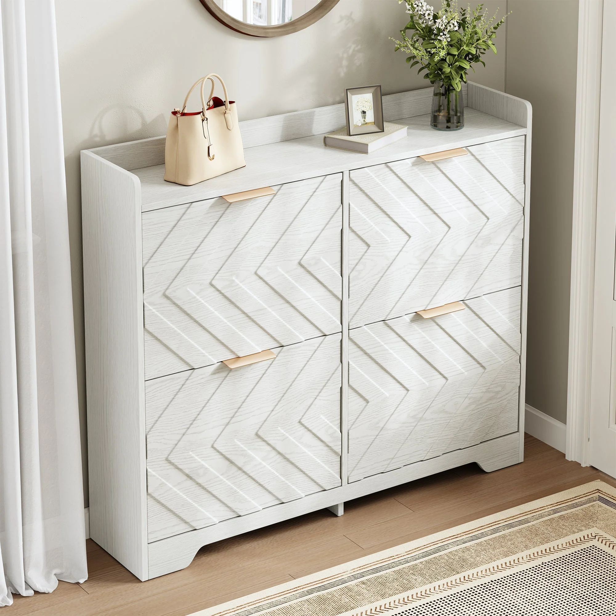 Shoe Cabinet with 4 Flip Drawers, 3D Textured Front and Top Shelf, White Particle Board - Image 6