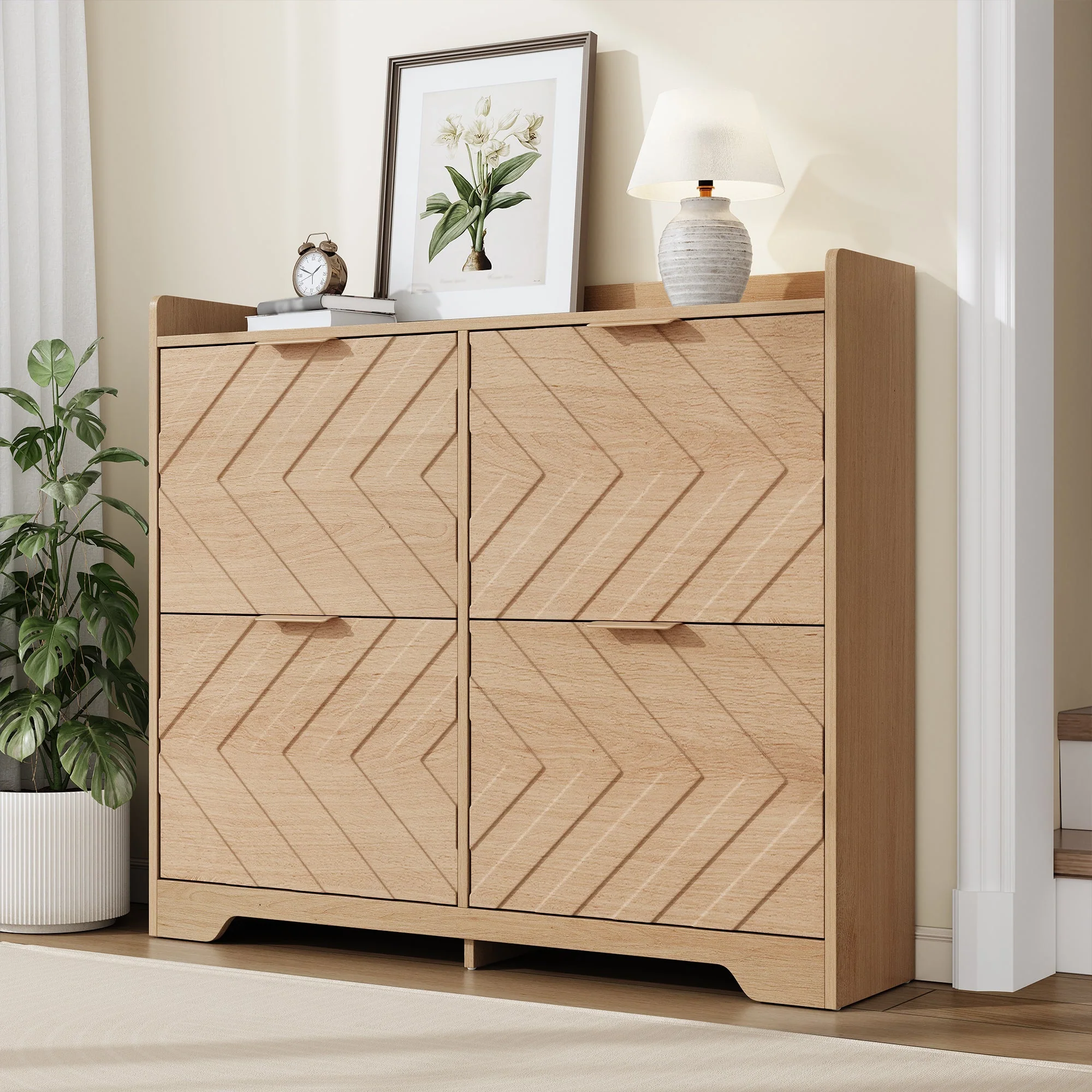 Shoe Cabinet with 4 Flip Drawers and 3D Textured Front, Space-Saving Entryway Storage, Wood White - Image 5
