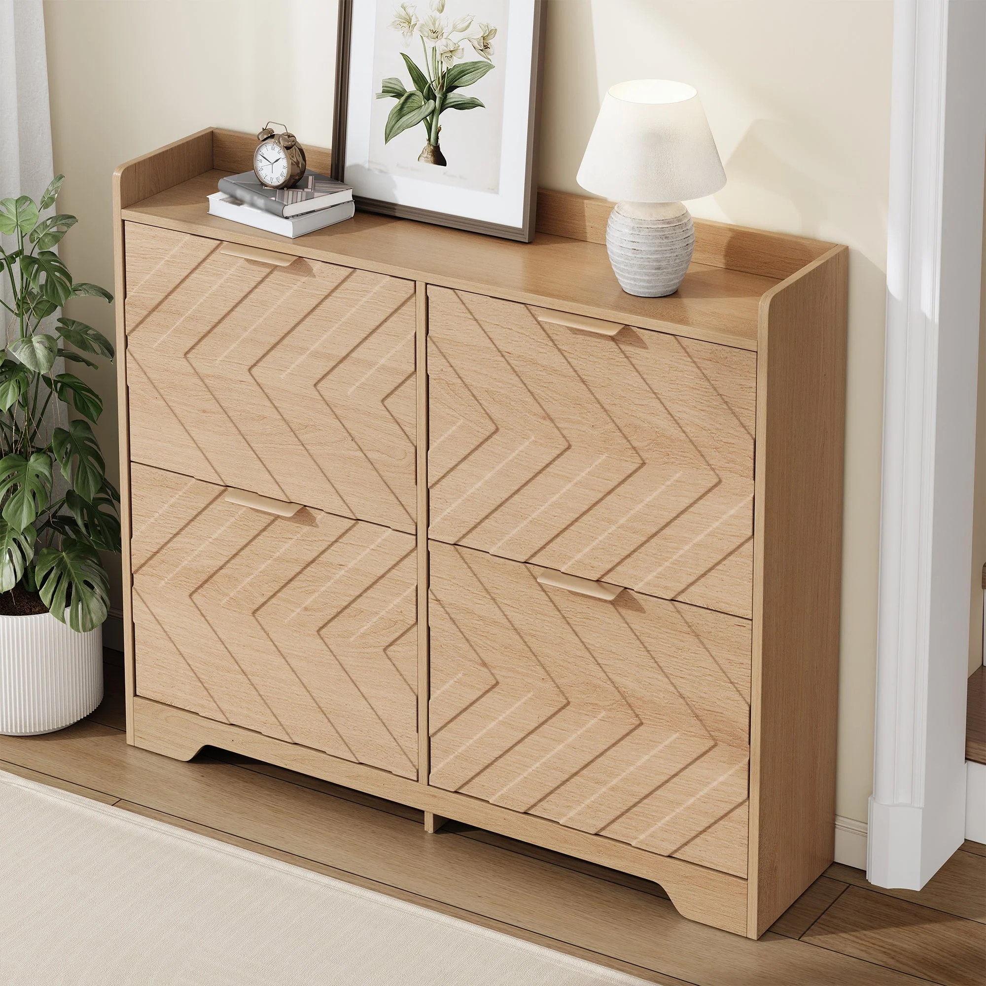 Shoe Cabinet with 4 Flip Drawers and 3D Textured Front, Space-Saving Entryway Storage, Wood White - Image 6