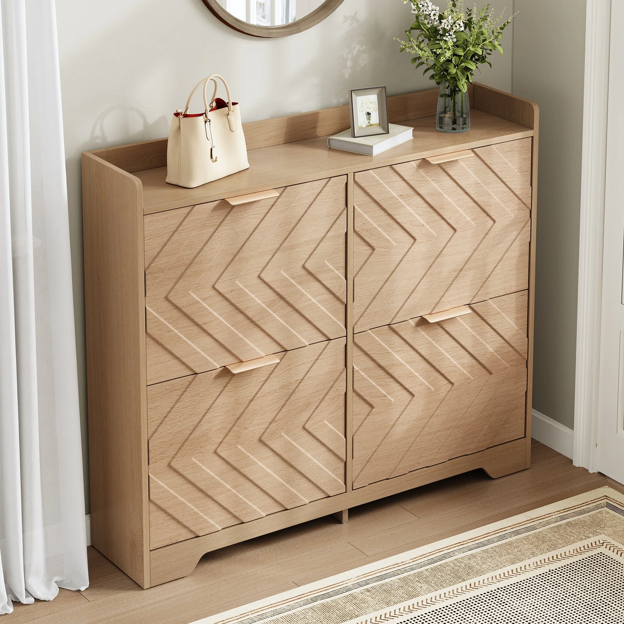 Shoe Cabinet with 4 Flip Drawers and 3D Textured Front, Space-Saving Entryway Storage, Wood White - Image 9