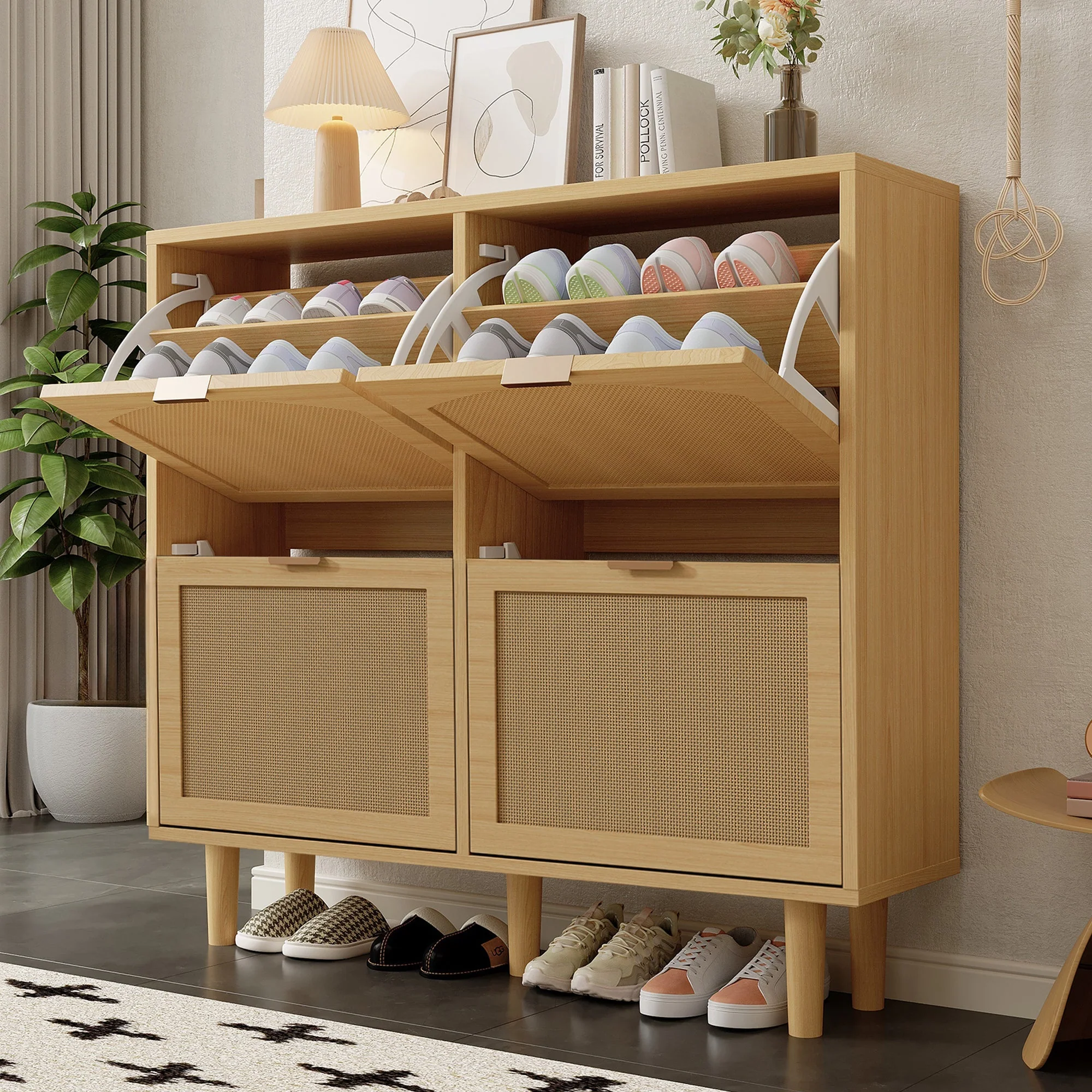 Shoe cabinet with 4 folding drawers, rattan and metal, wooden - Image 2