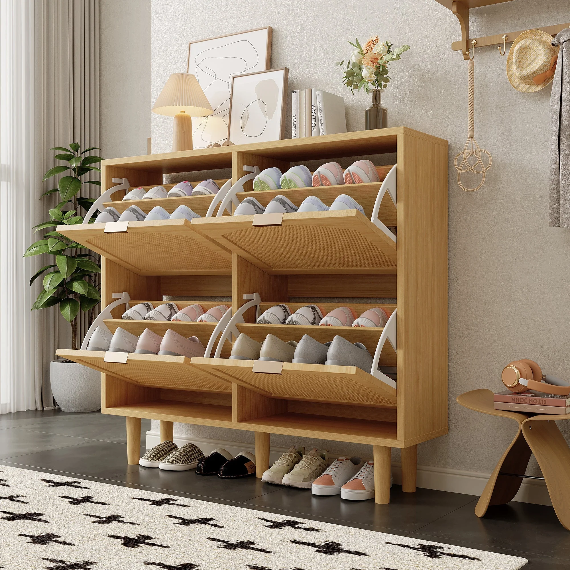 Shoe cabinet with 4 folding drawers, rattan and metal, wooden - Image 3
