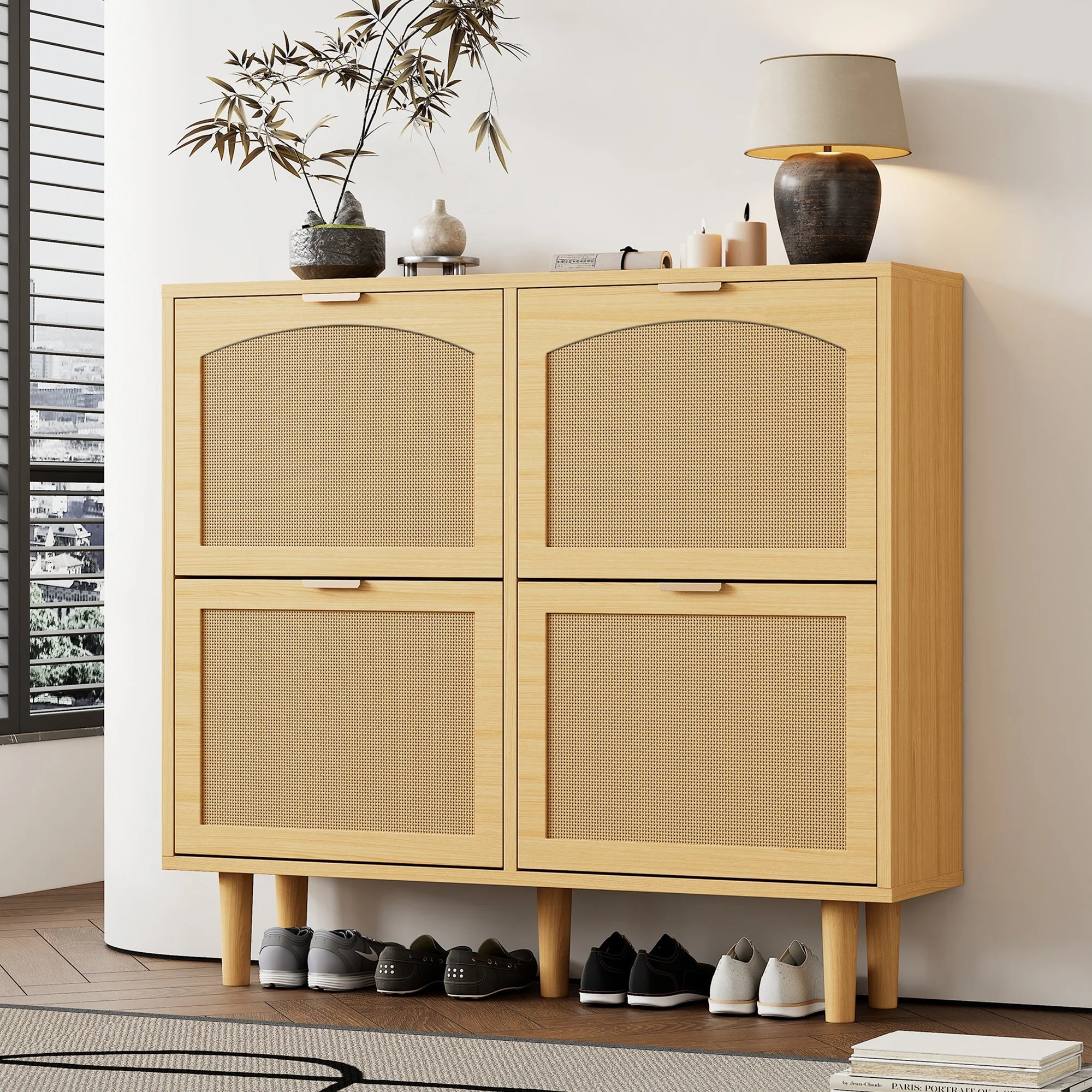 Shoe cabinet with 4 folding drawers, rattan and metal, wooden - Image 4