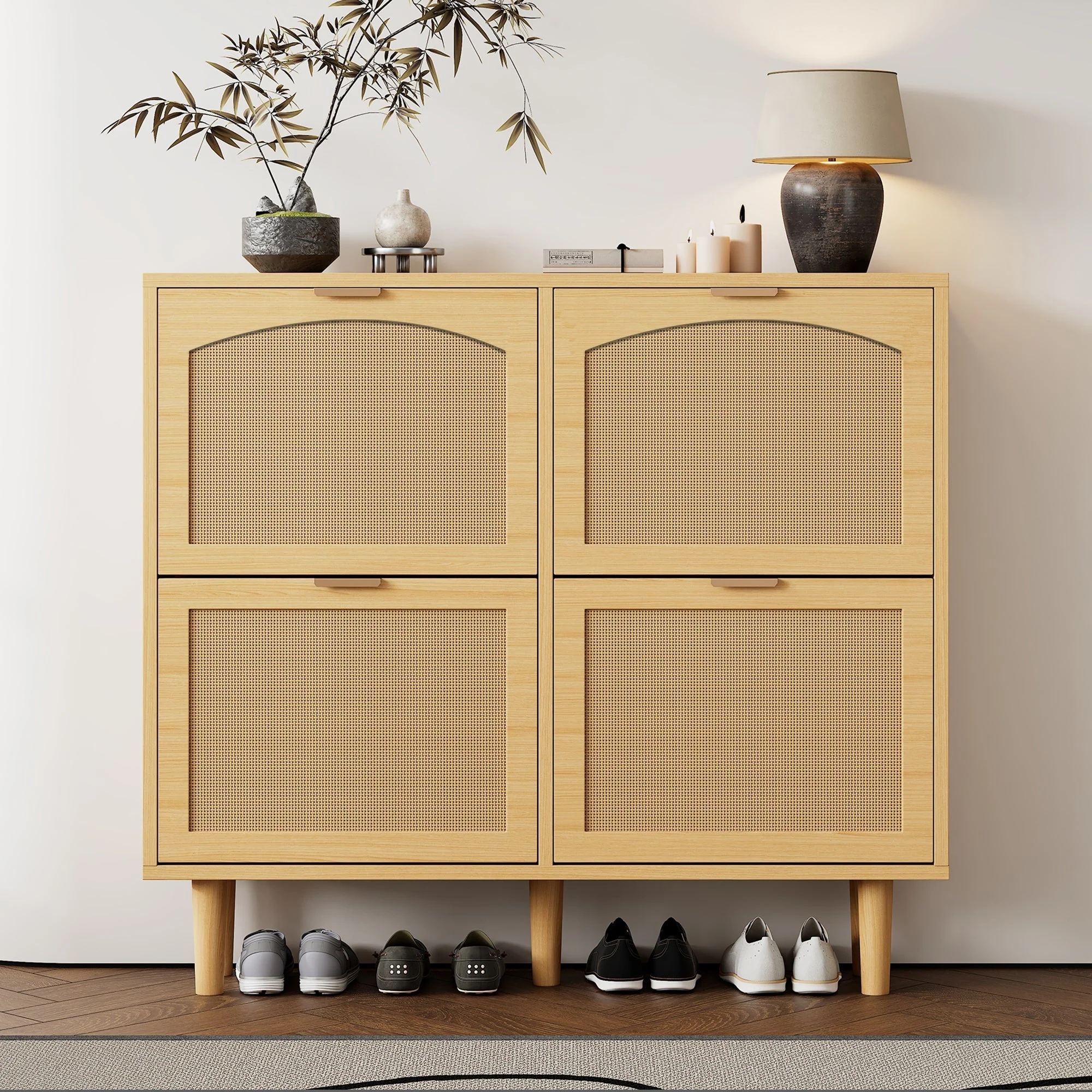 Shoe cabinet with 4 folding drawers, rattan and metal, wooden - Image 5