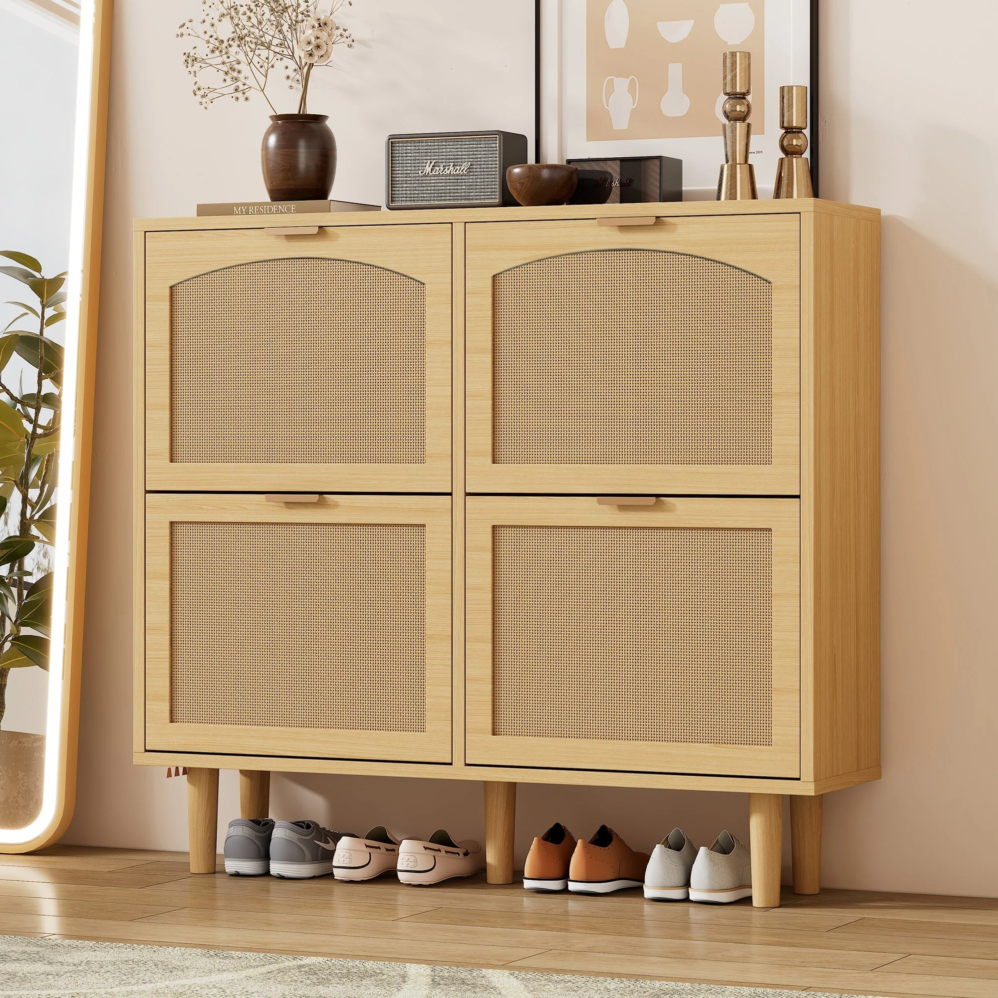 Shoe cabinet with 4 folding drawers, rattan and metal, wooden - Image 6