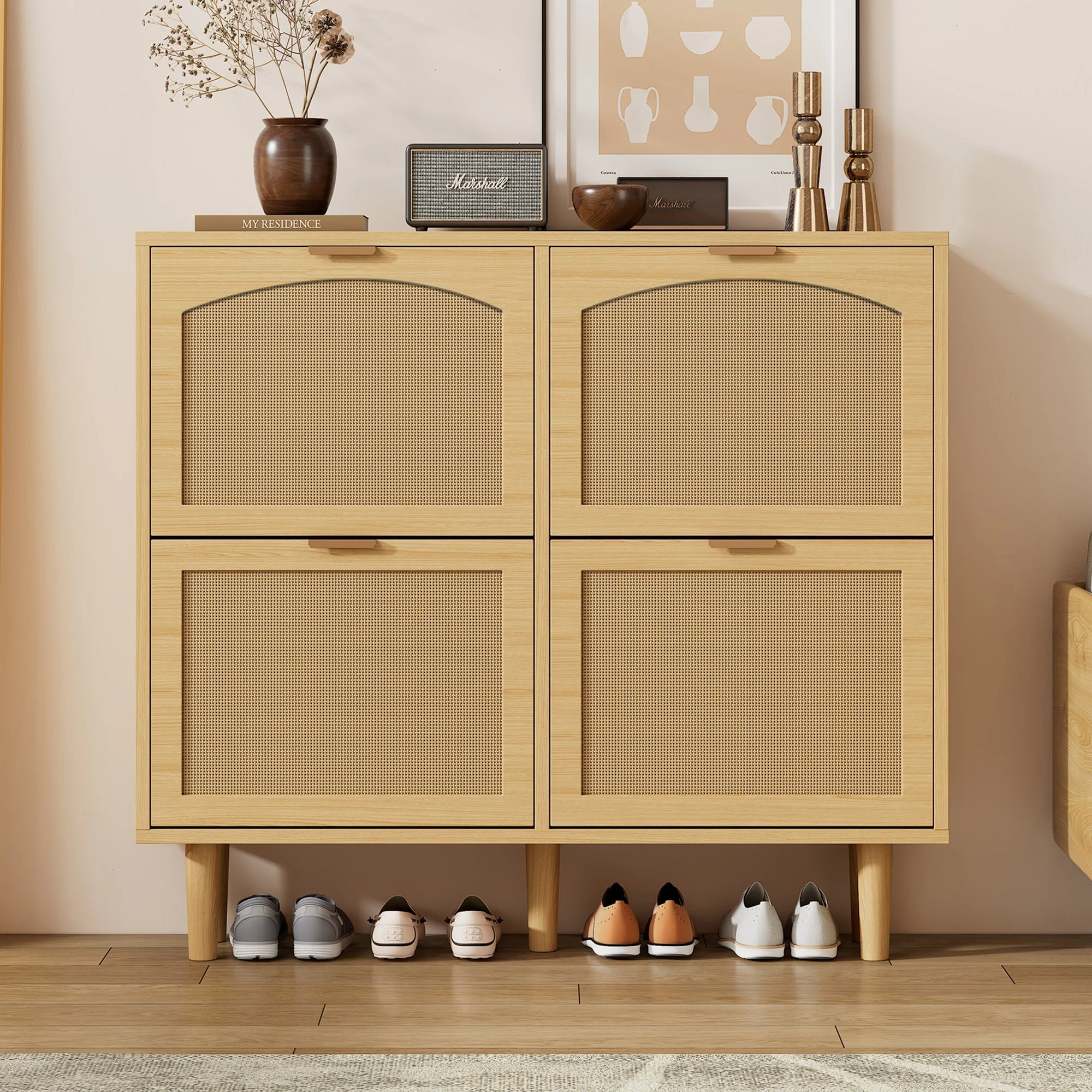 Shoe cabinet with 4 folding drawers, rattan and metal, wooden - Image 7