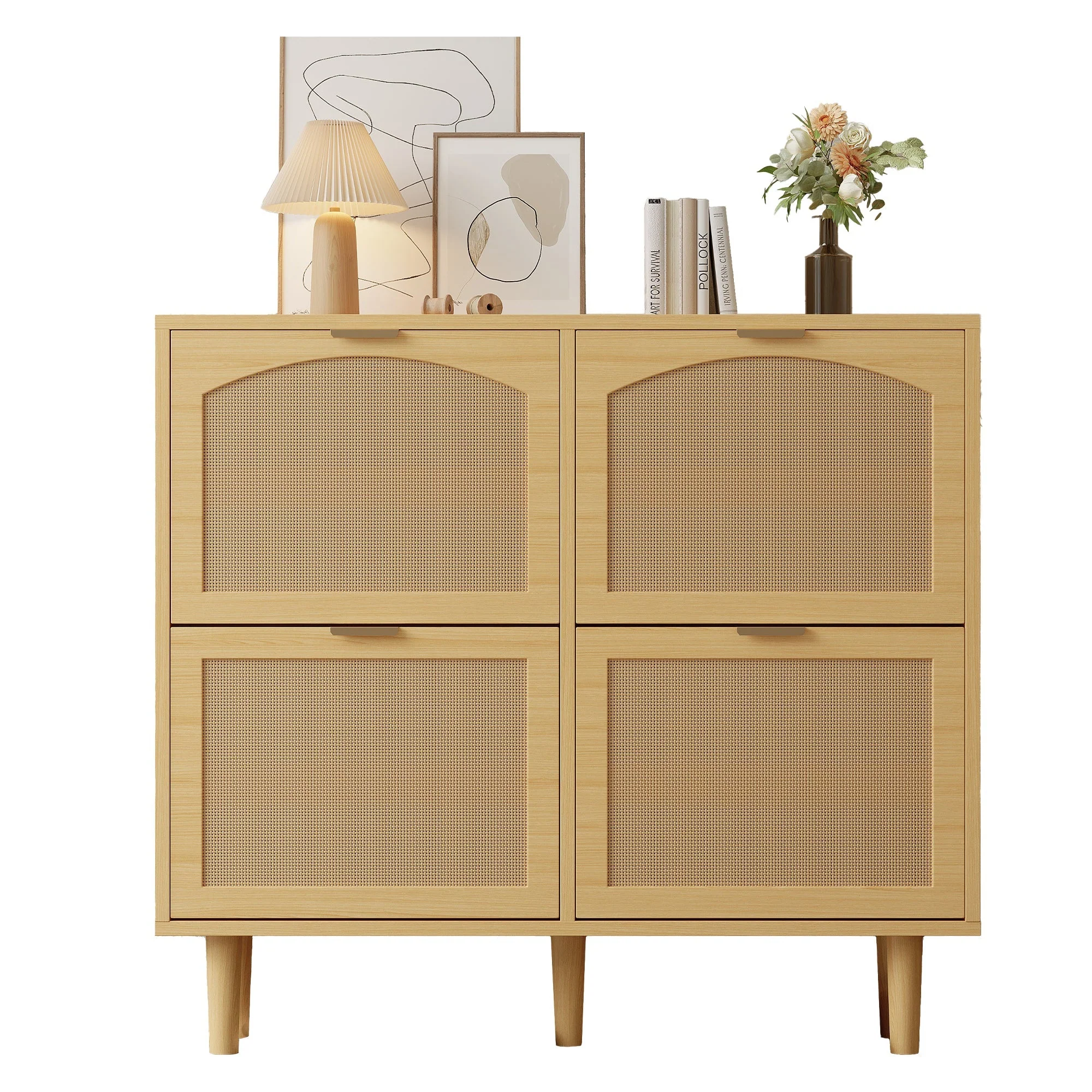 Shoe cabinet with 4 folding drawers, rattan and metal, wooden - Image 8