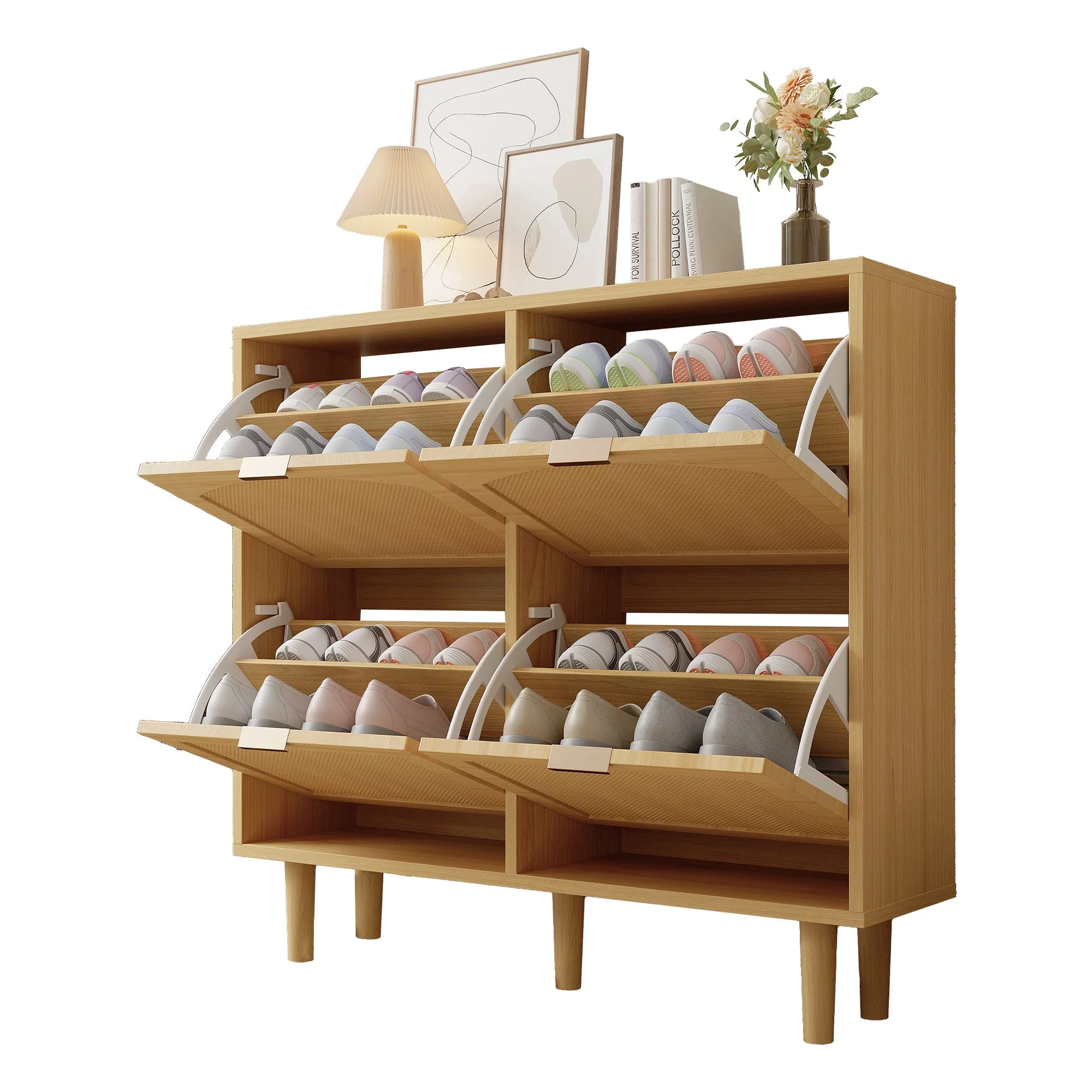 Shoe cabinet with 4 folding drawers, rattan and metal, wooden - Image 9