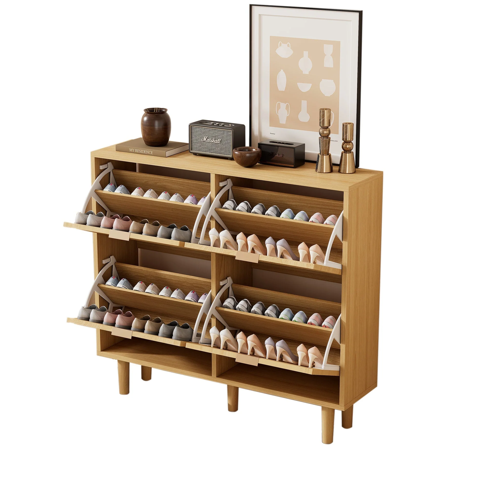 Shoe Cabinet with 4 Folding Drawers, Rattan and Wooden - Image 2