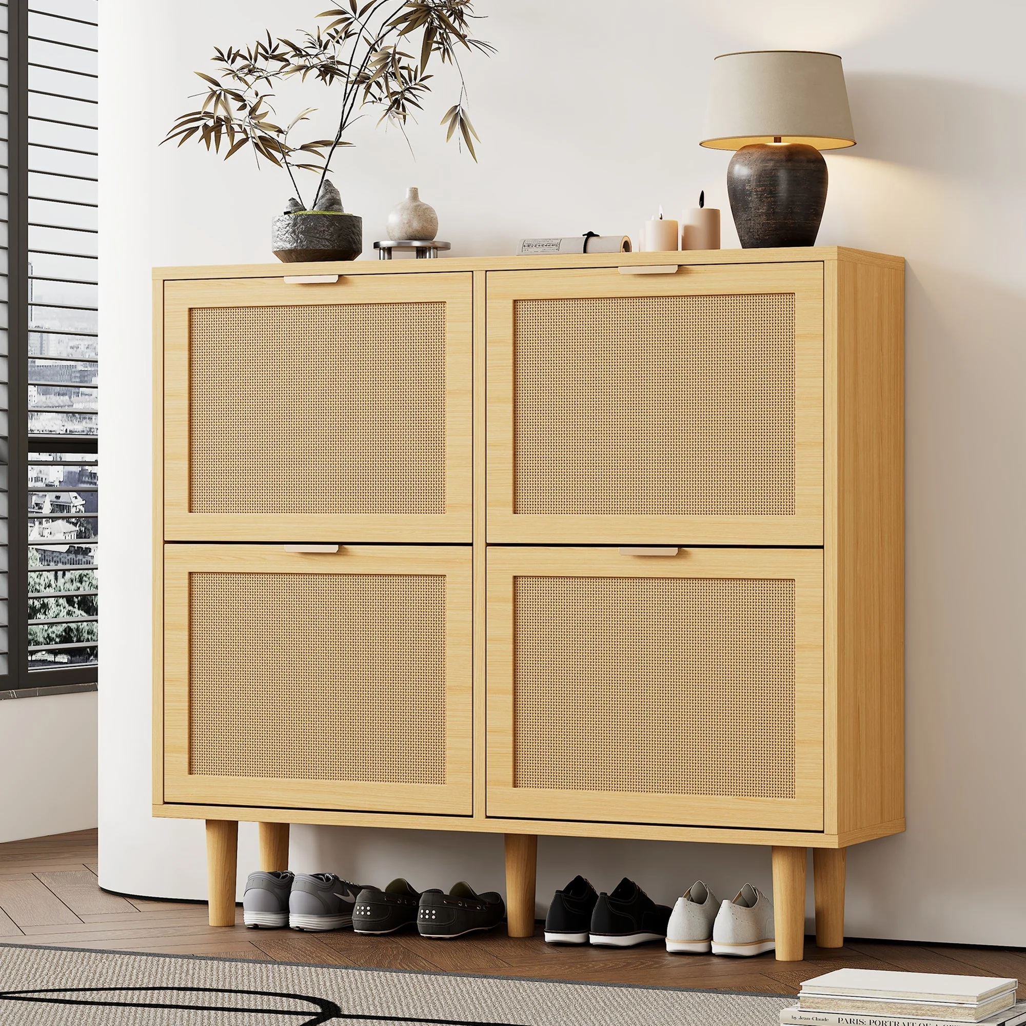 Shoe Cabinet with 4 Folding Drawers, Rattan and Wooden - Image 7