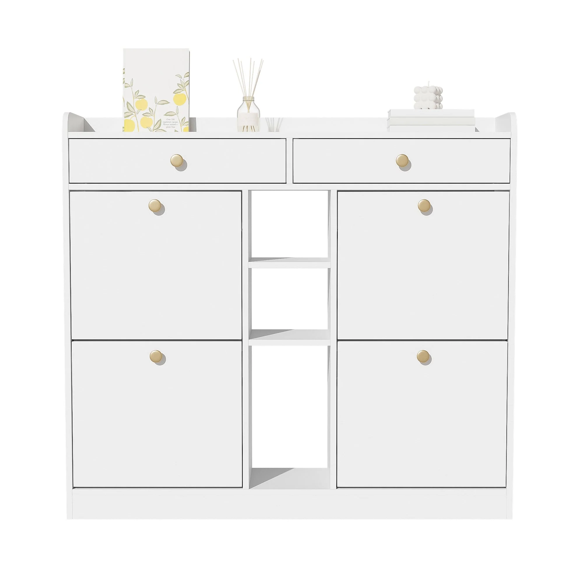 Shoe Cabinet with 4 Hinged Doors, 2 Drawers, 3 Open Compartments, White - Image 4