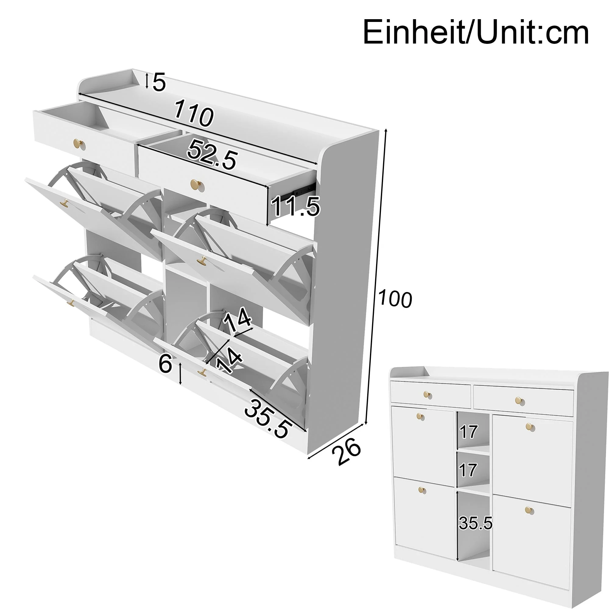 Shoe Cabinet with 4 Hinged Doors, 2 Drawers, 3 Open Compartments, White - Image 5