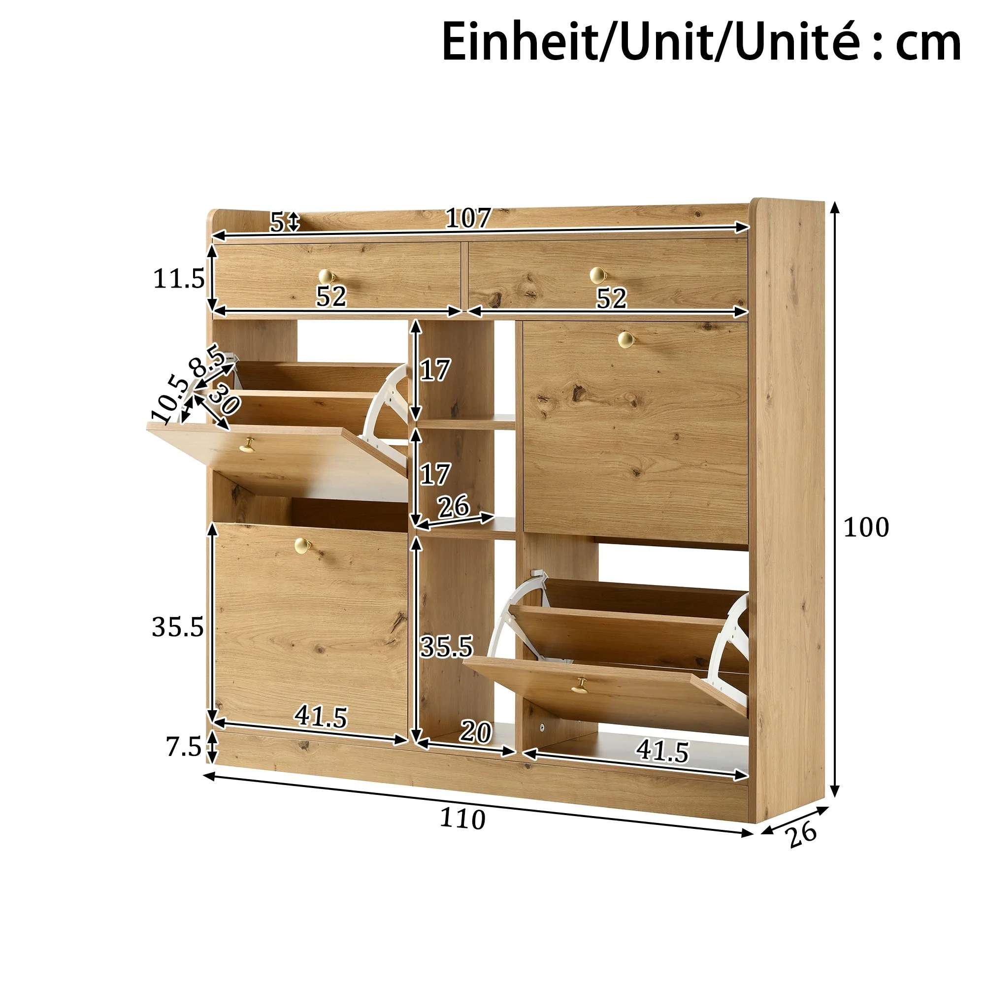 Shoe Cabinet with 4 Hinged Doors, 2 Drawers and 3 Open Compartments, 110x26x100cm, Wood Color - Image 4