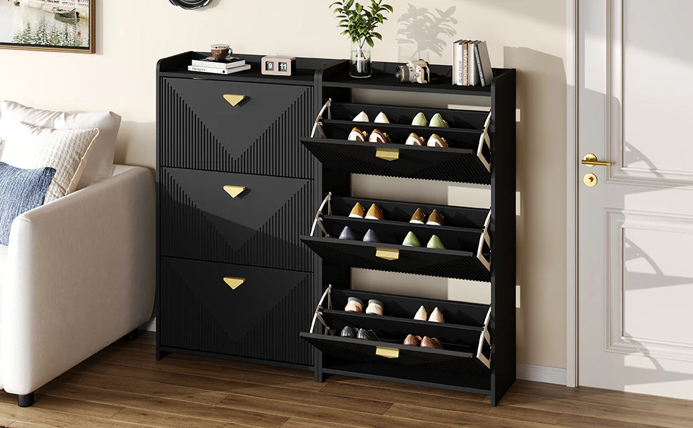 Shoe Cabinet with 6 Drop-Down Doors and Adjustable Width, Two-Piece Set, Black MDF - Image 10