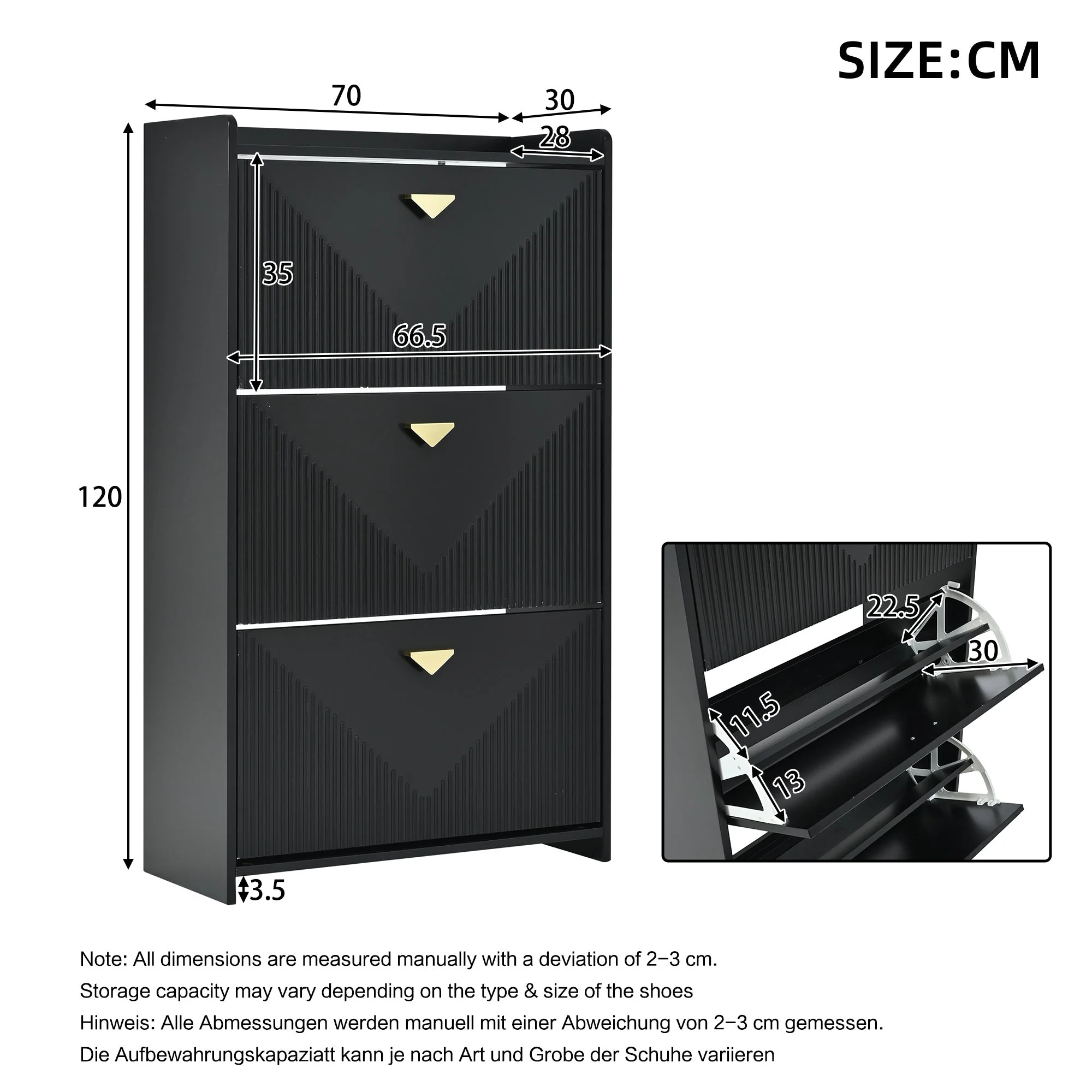 Shoe Cabinet with 6 Drop-Down Doors and Adjustable Width, Two-Piece Set, Black MDF - Image 2