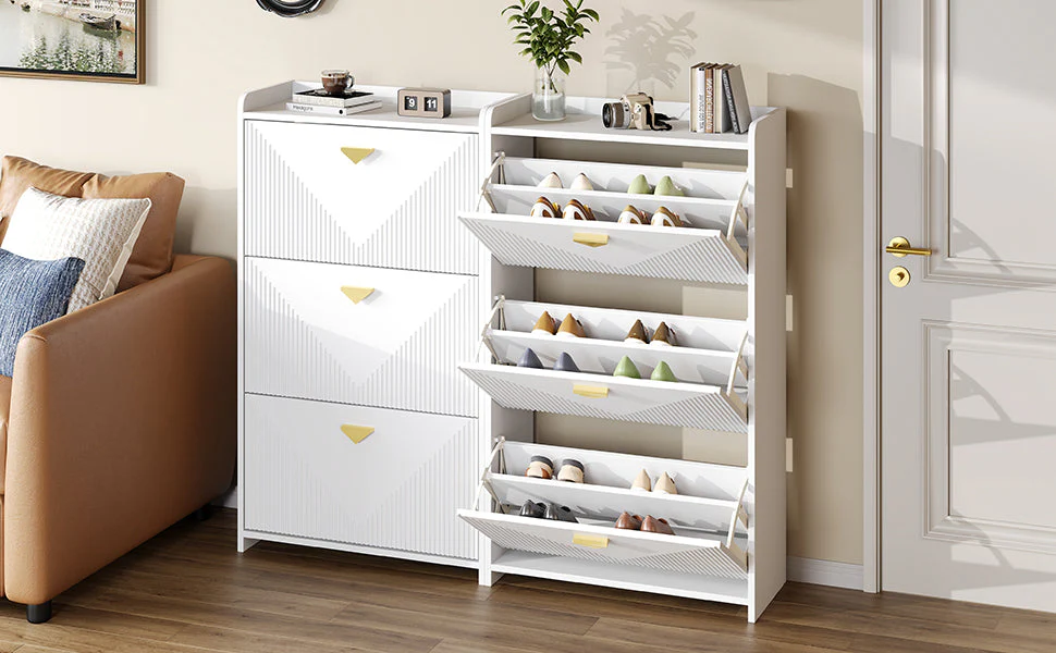 Shoe Cabinet with 6 Drop-Down Doors and Adjustable Width, White MDF - Image 10