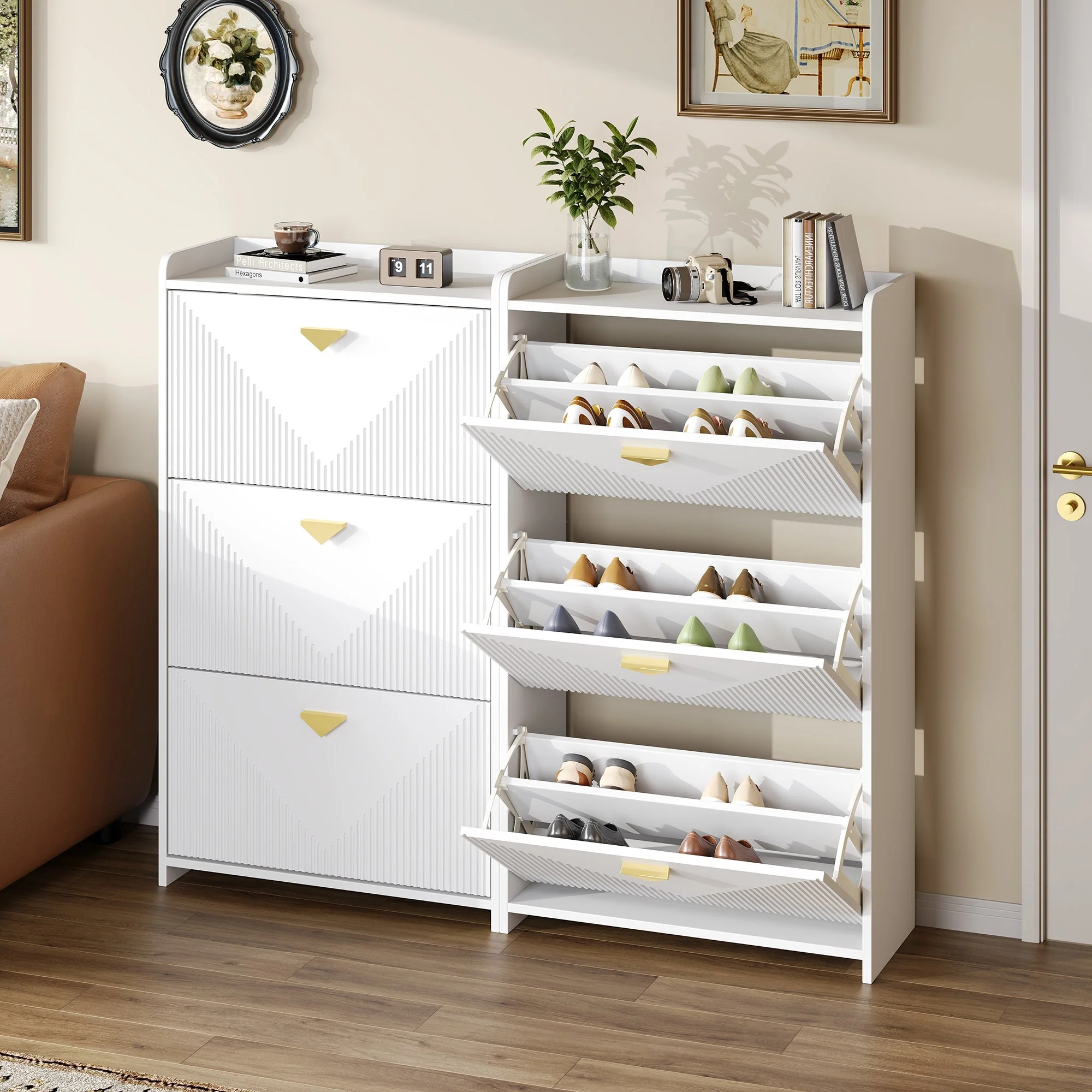 Shoe Cabinet with 6 Drop-Down Doors and Adjustable Width, White MDF - Image 2