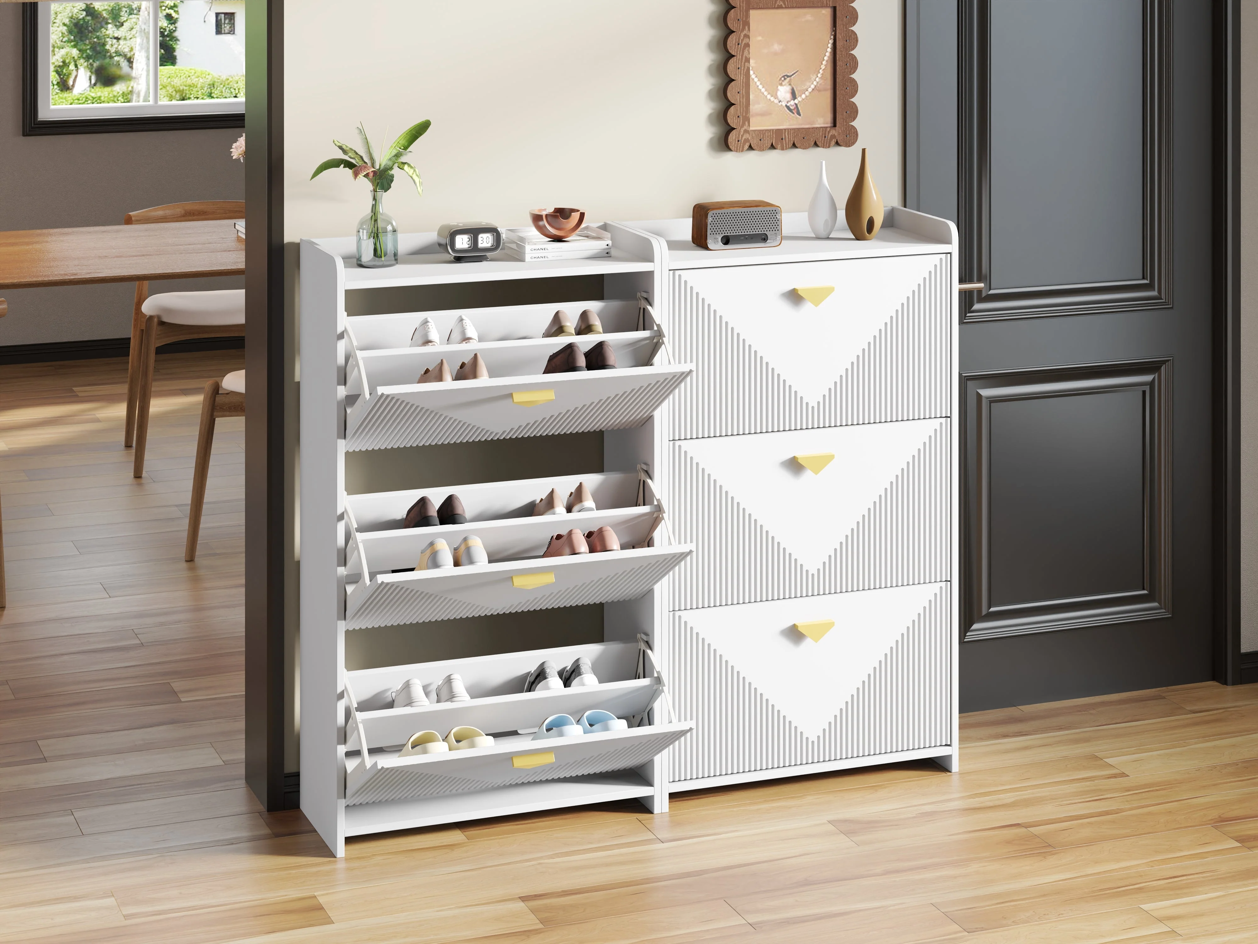 Shoe Cabinet with 6 Drop-Down Doors and Adjustable Width, White MDF - Image 3