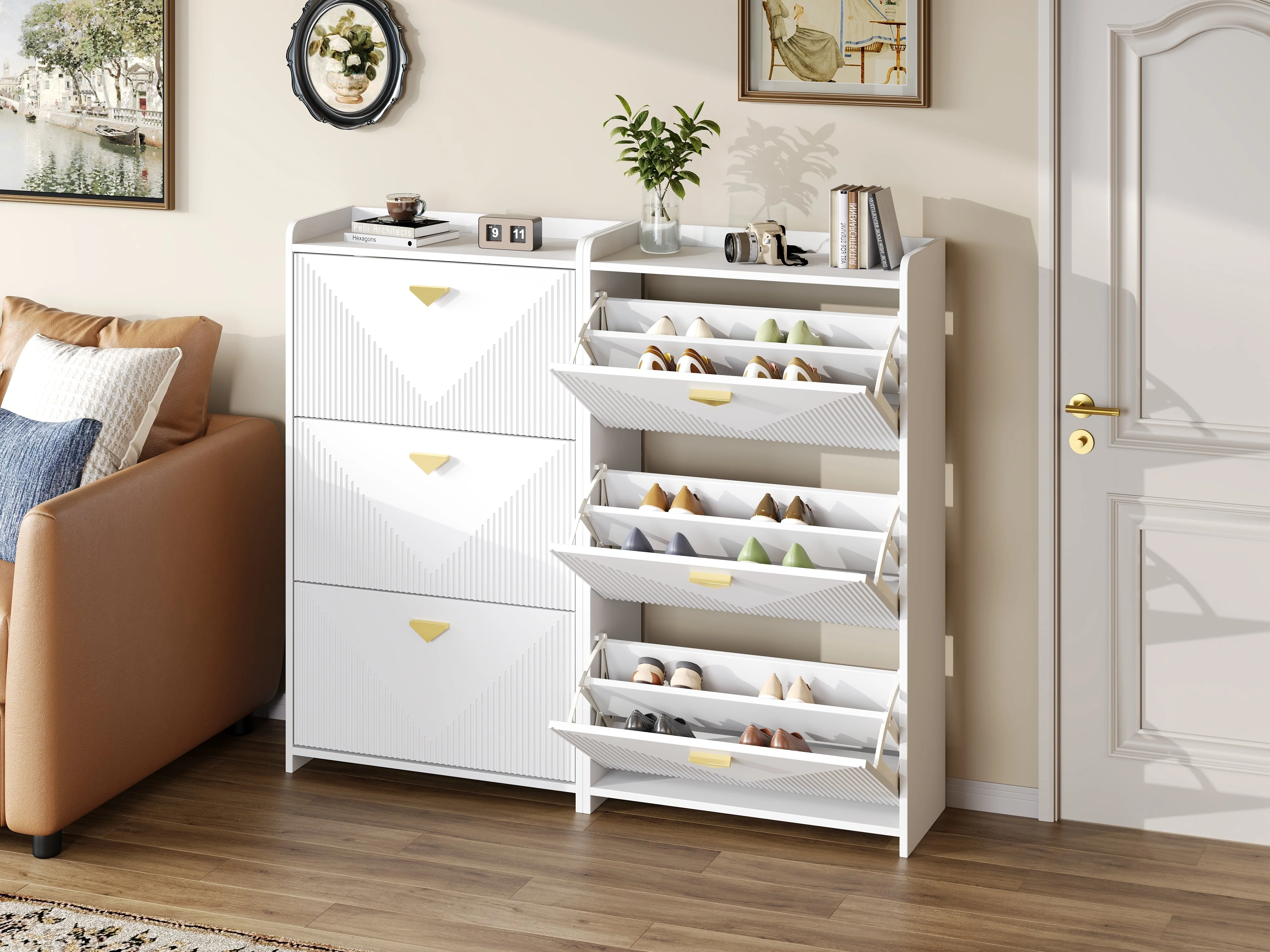 Shoe Cabinet with 6 Drop-Down Doors and Adjustable Width, White MDF - Image 4