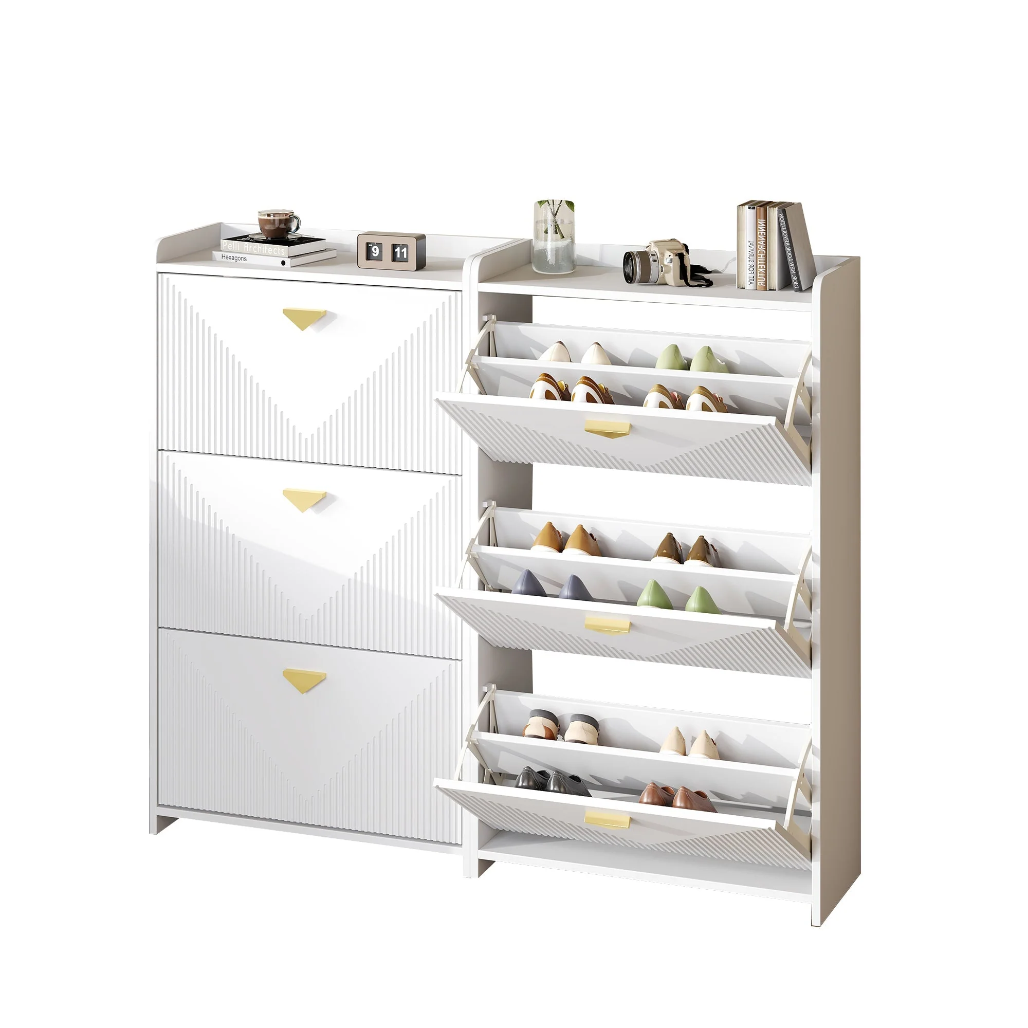 Shoe Cabinet with 6 Drop-Down Doors and Adjustable Width, White MDF - Image 5