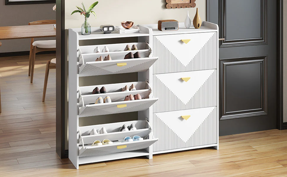 Shoe Cabinet with 6 Drop-Down Doors and Adjustable Width, White MDF - Image 6