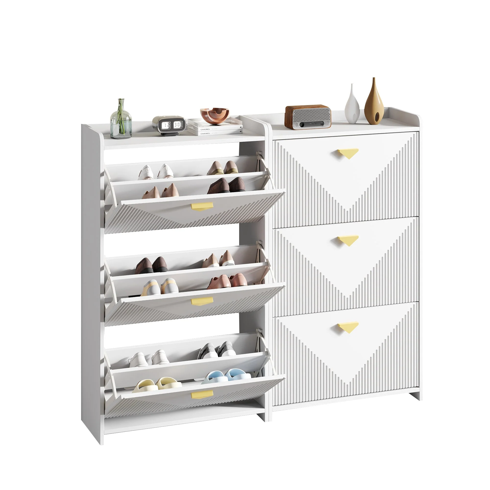 Shoe Cabinet with 6 Drop-Down Doors and Adjustable Width, White MDF - Image 7
