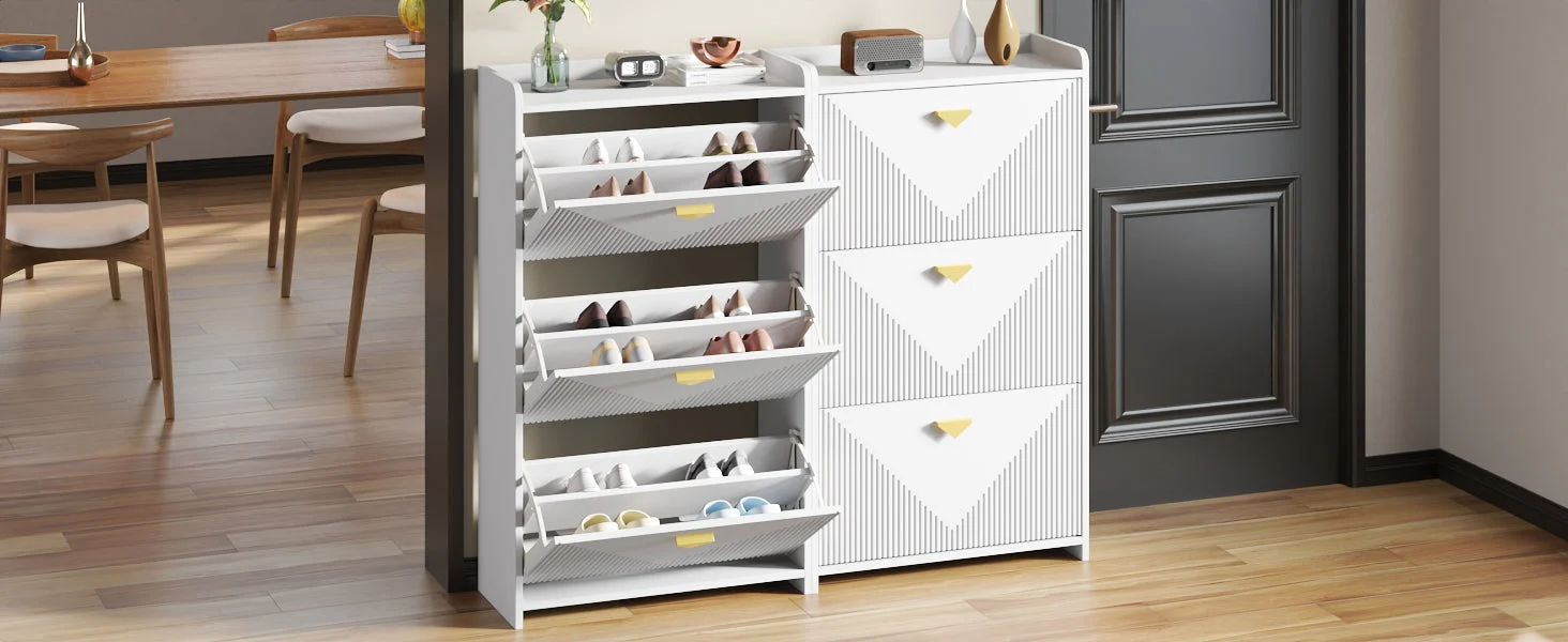 Shoe Cabinet with 6 Drop-Down Doors and Adjustable Width, White MDF - Image 8
