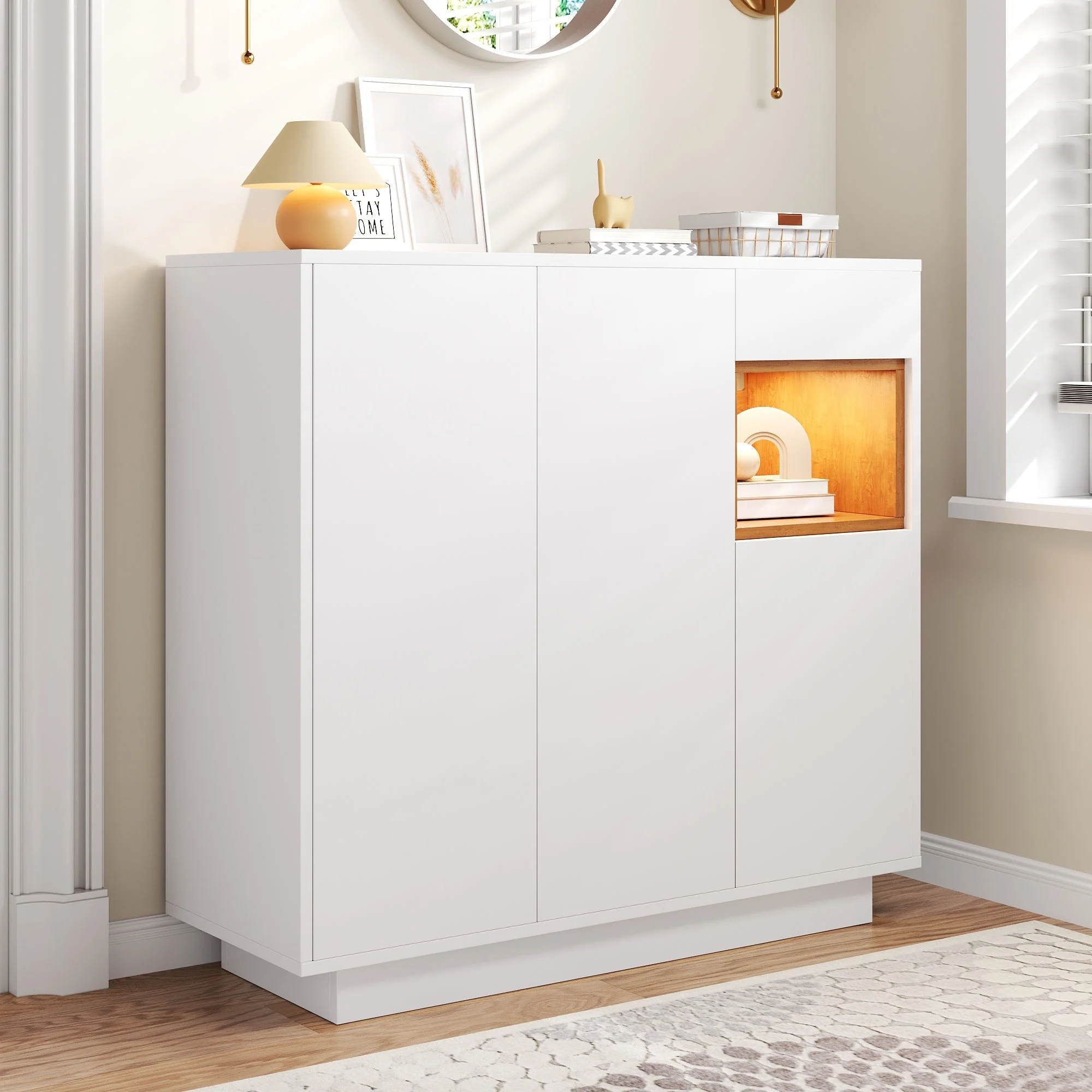 Shoe Cabinet with Adjustable Shelves for 14-18 Pairs, White and Natural Wood - Image 10