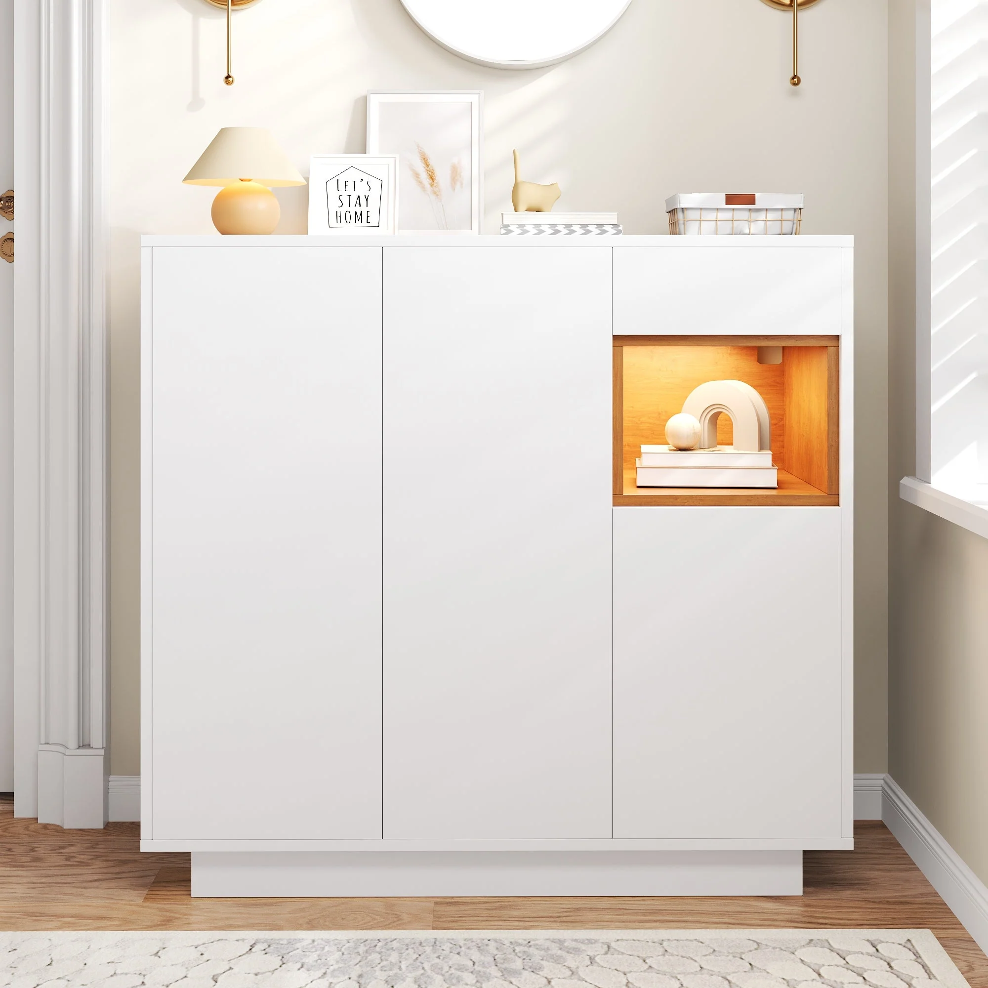 Shoe Cabinet with Adjustable Shelves for 14-18 Pairs, White and Natural Wood - Image 2