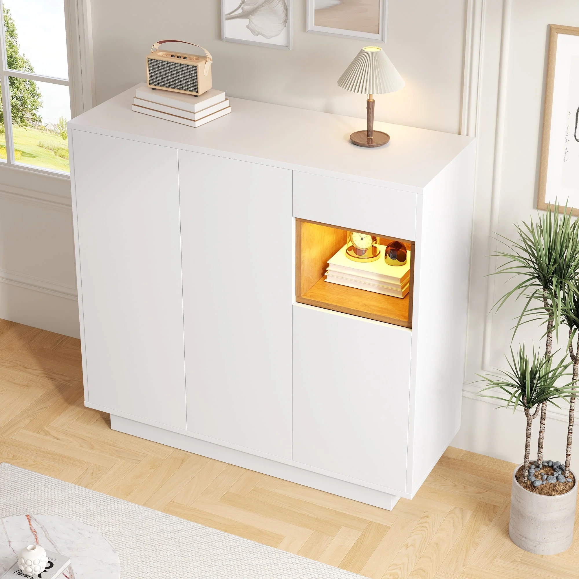 Shoe Cabinet with Adjustable Shelves for 14-18 Pairs, White and Natural Wood - Image 3