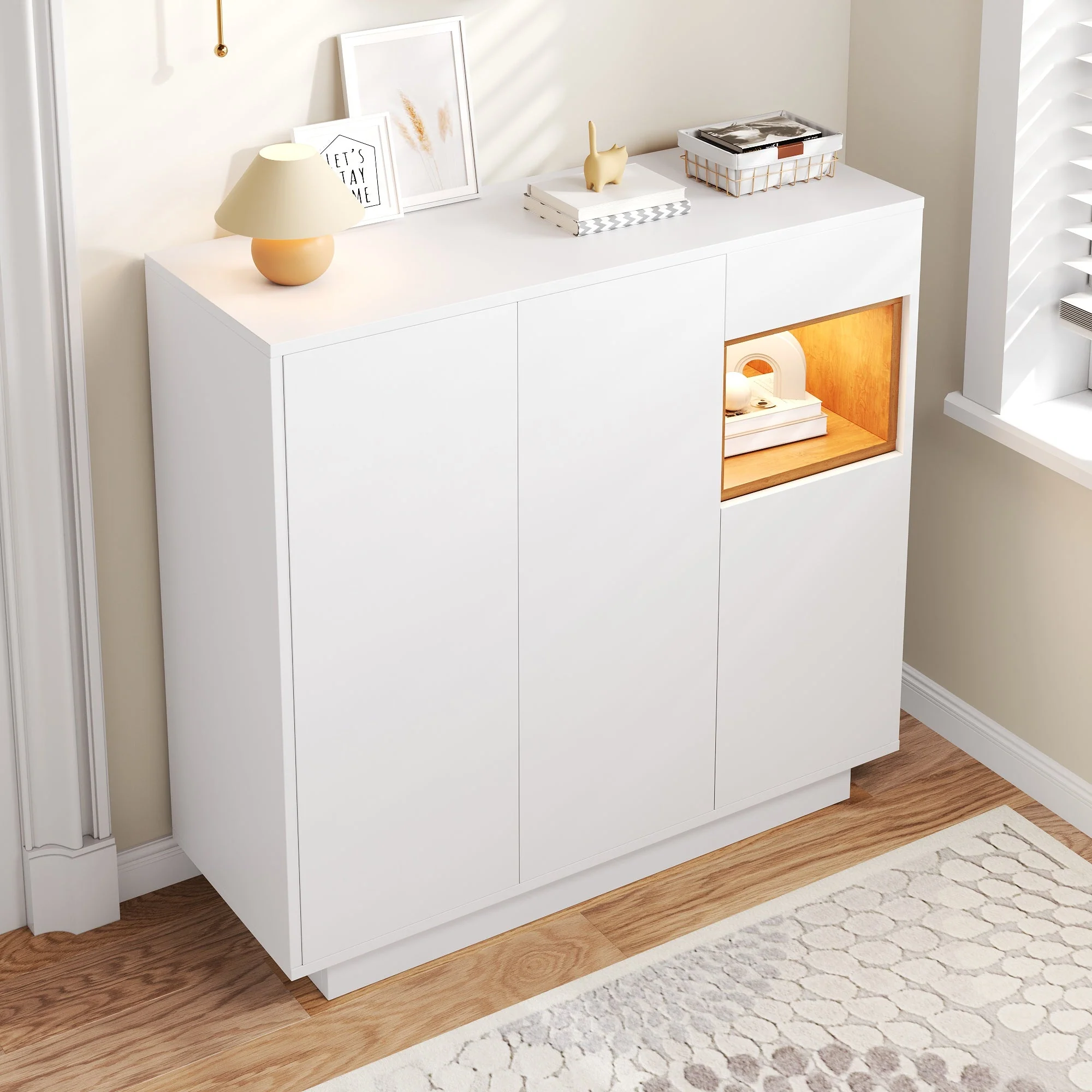 Shoe Cabinet with Adjustable Shelves for 14-18 Pairs, White and Natural Wood - Image 4