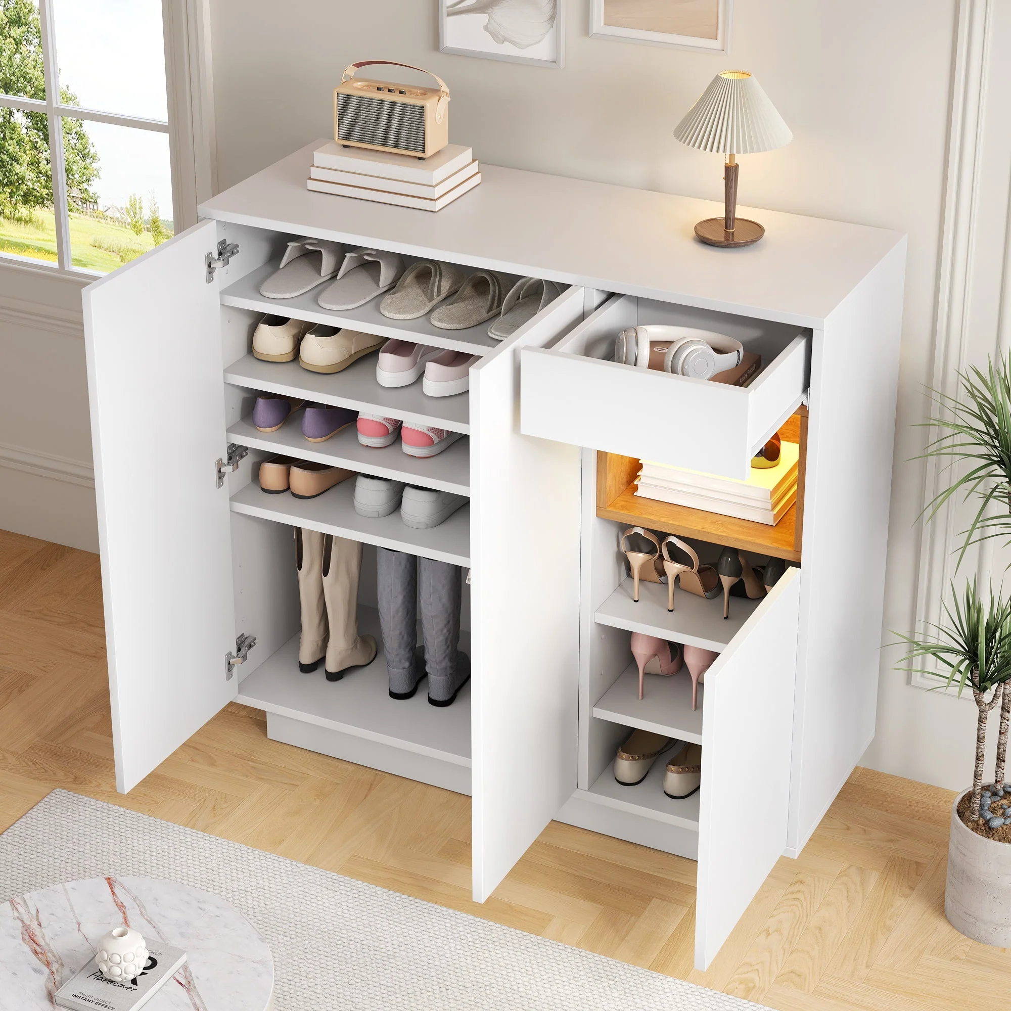 Shoe Cabinet with Adjustable Shelves for 14-18 Pairs, White and Natural Wood - Image 5