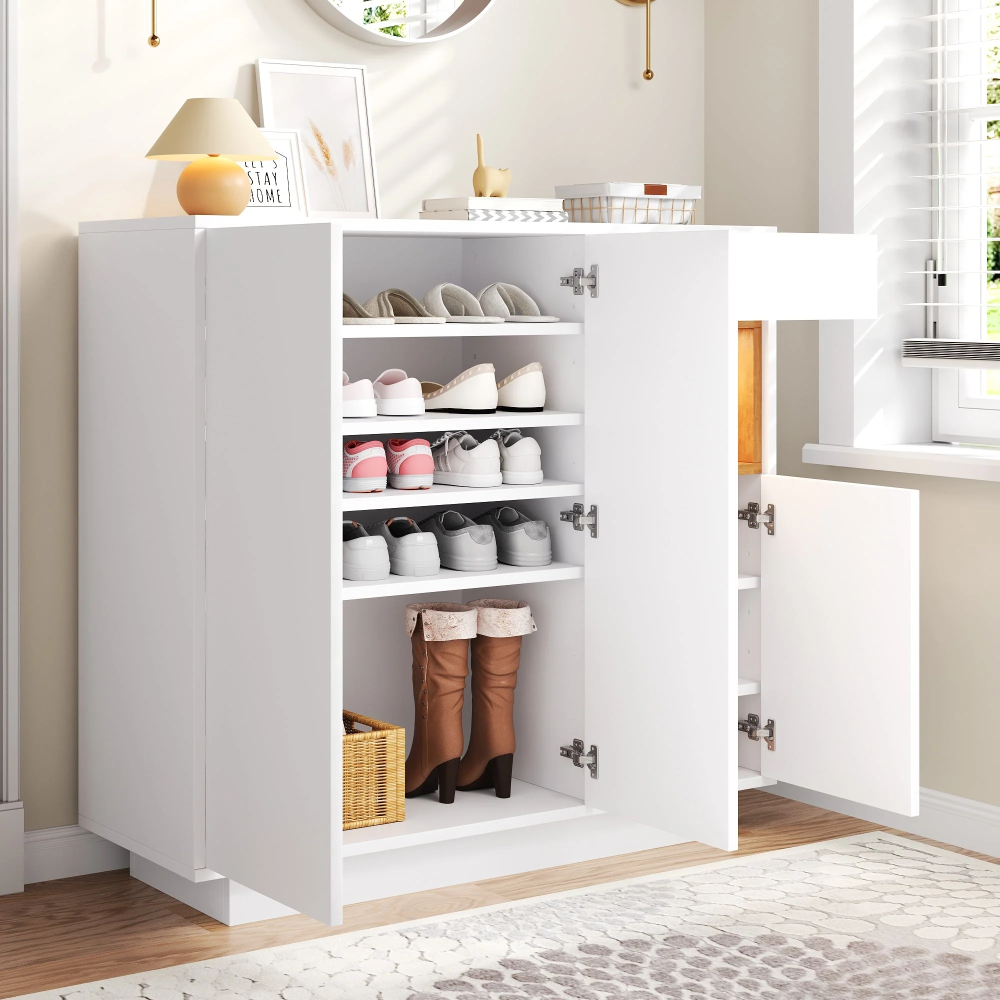 Shoe Cabinet with Adjustable Shelves for 14-18 Pairs, White and Natural Wood - Image 7