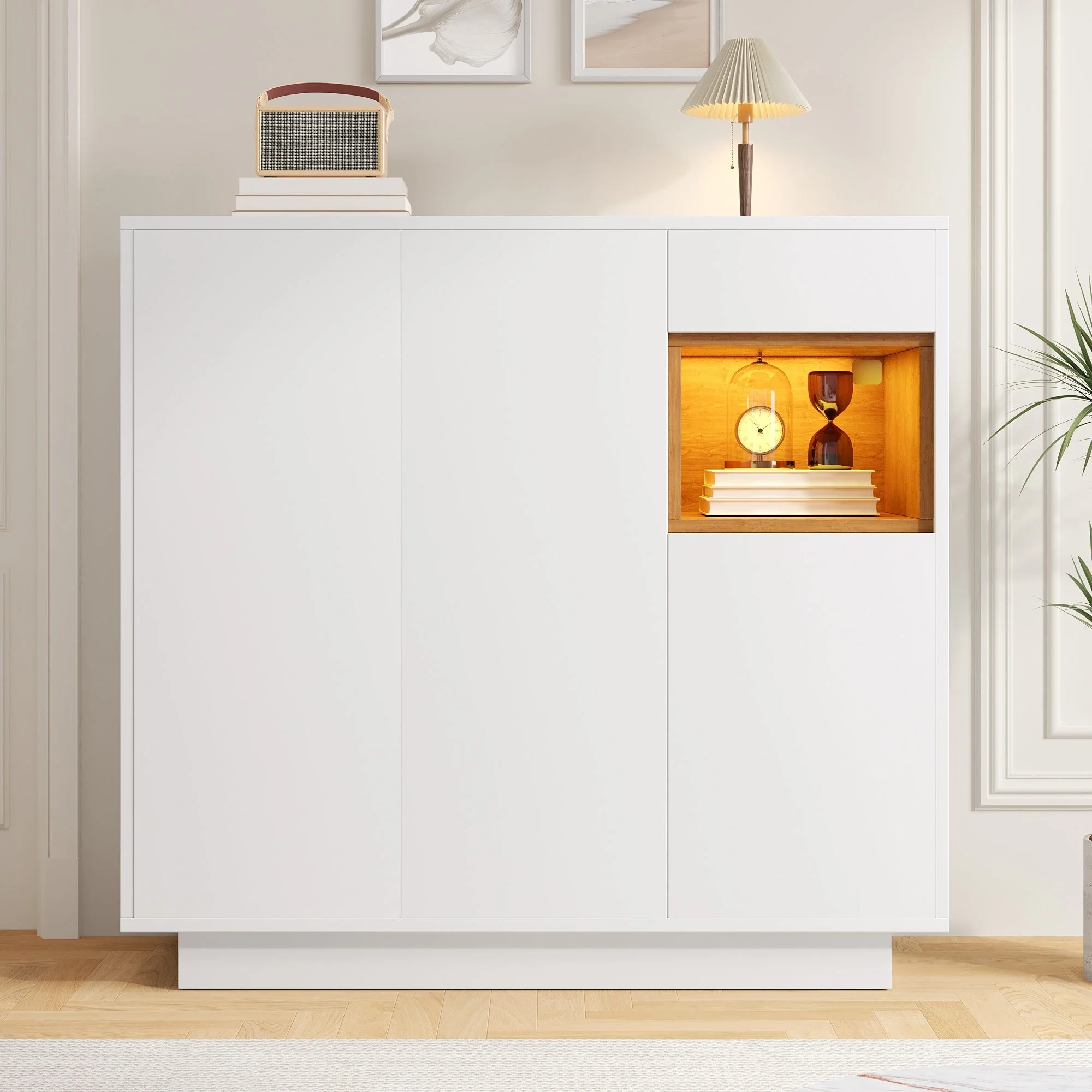 Shoe Cabinet with Adjustable Shelves for 14-18 Pairs, White and Natural Wood - Image 8