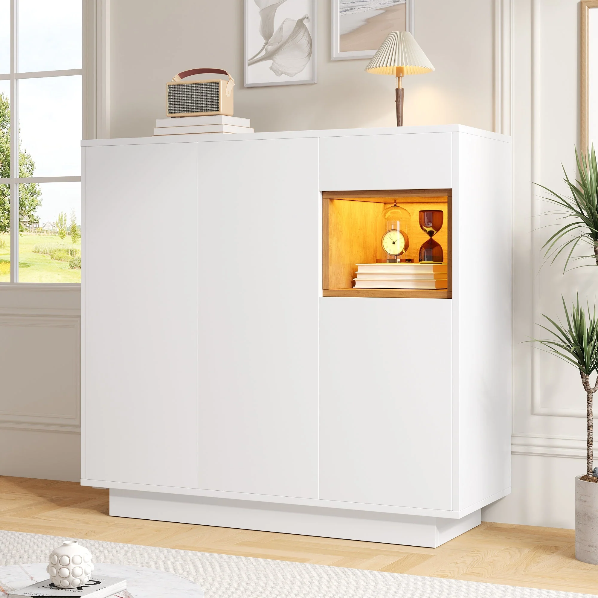 Shoe Cabinet with Adjustable Shelves for 14-18 Pairs, White and Natural Wood - Image 9