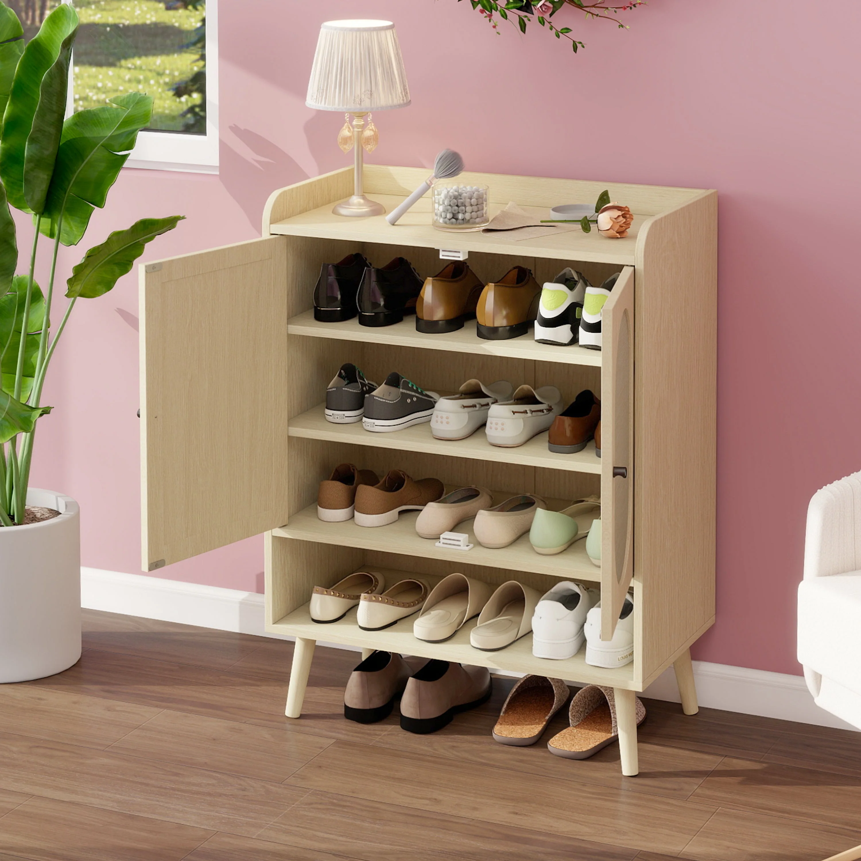 Shoe Cabinet with Double Doors, Storage & Open Shelf, Natural Rattan - Image 6