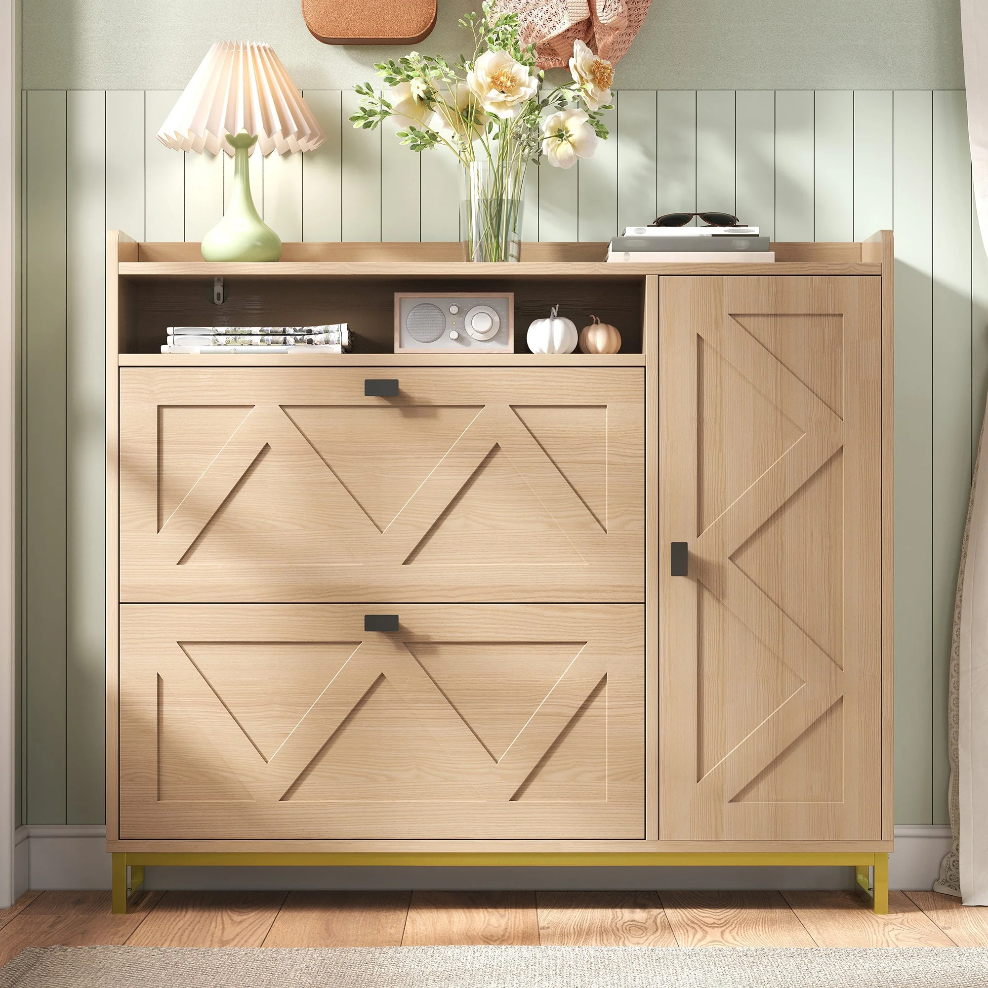 Shoe Cabinet with Double Hinged Lid, Side Cabinet and Geometric Doors, Metal Frame - Image 8