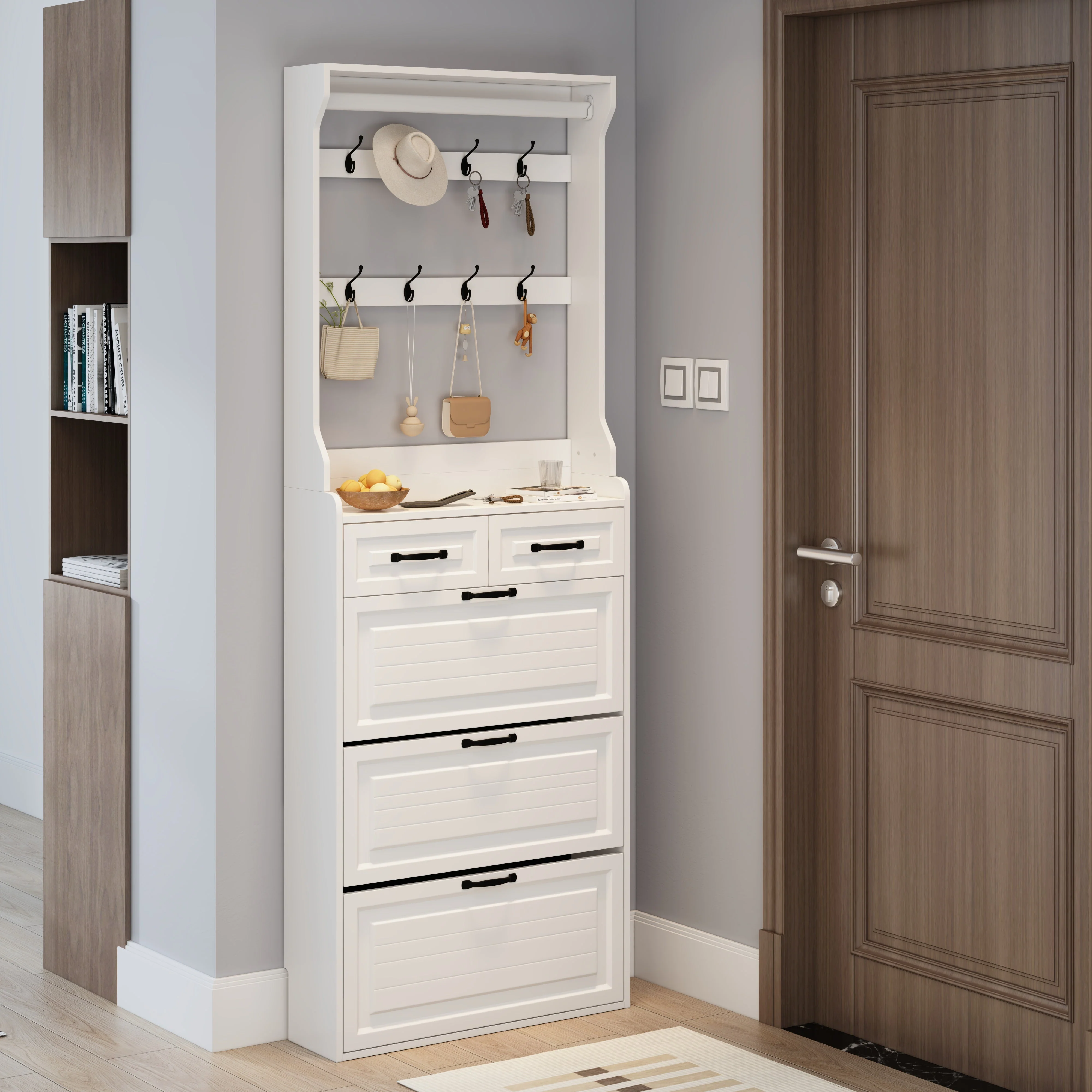 Shoe Cabinet with Hanger, 3 Doors & 2 Drawers - White