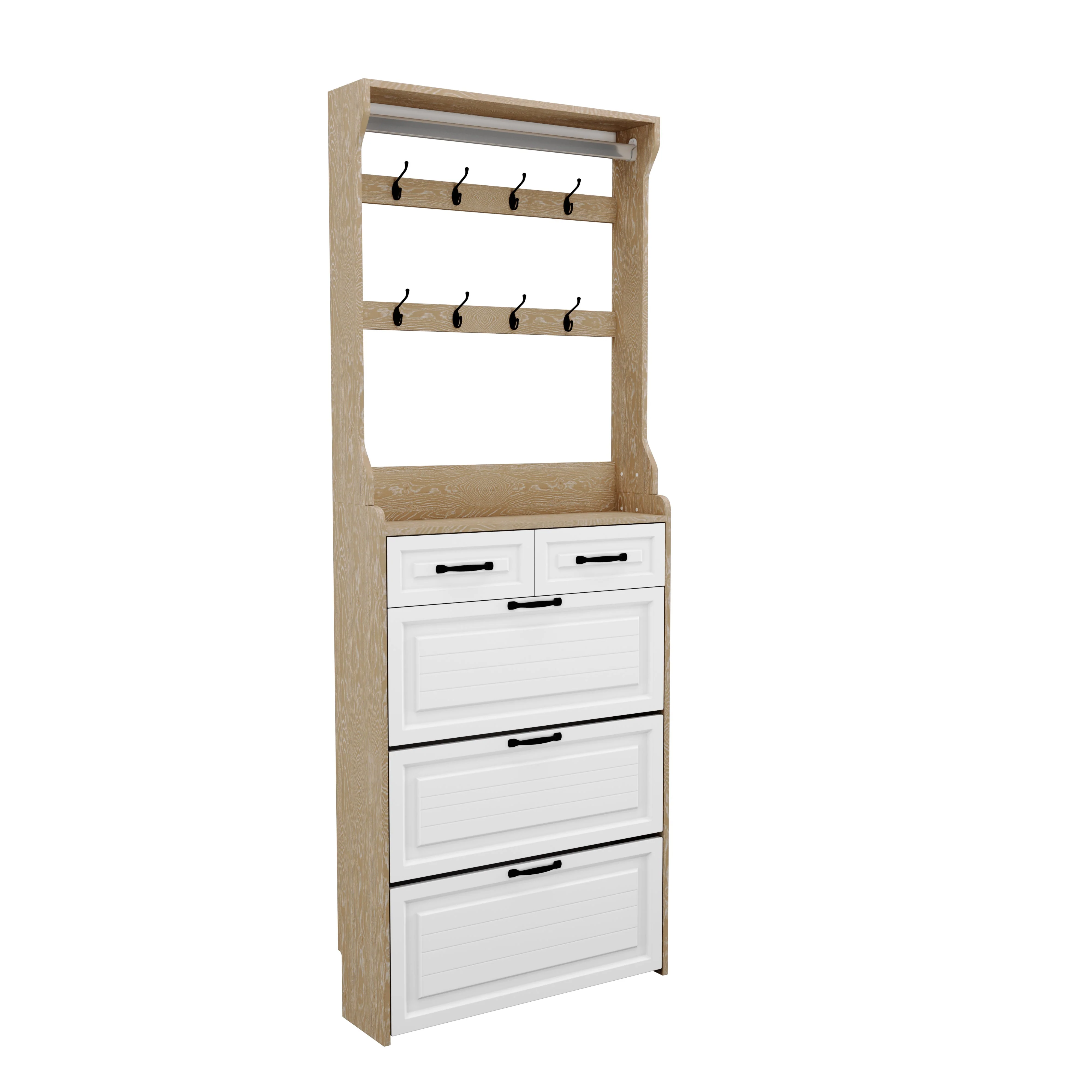 Shoe Cabinet with Hanging Rack, 3 Doors and 2 Drawers, White and Oak - Image 6