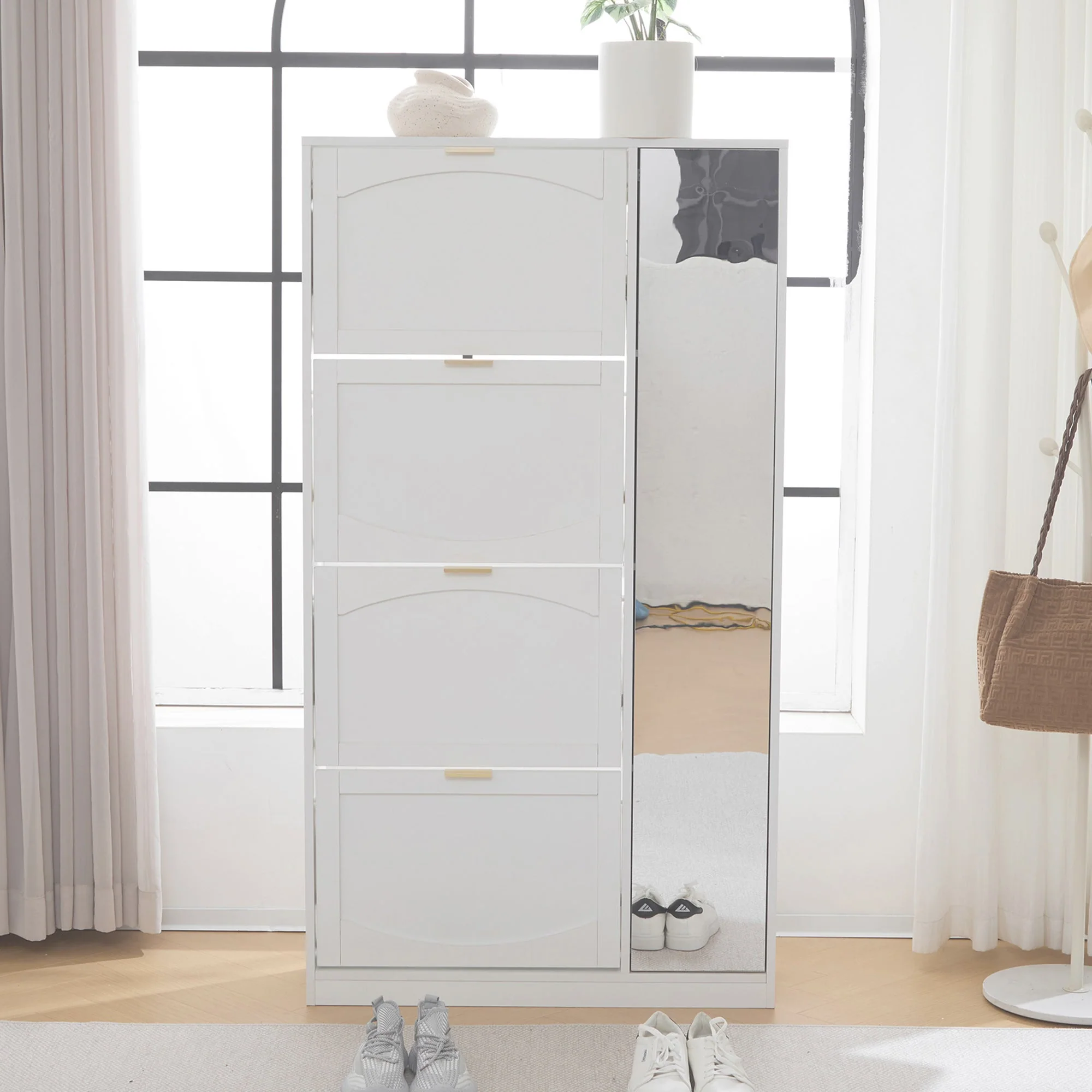 Shoe Cabinet with Mirror 4 Drawers Adjustable Shelf 80x147x24cm - White - Image 7