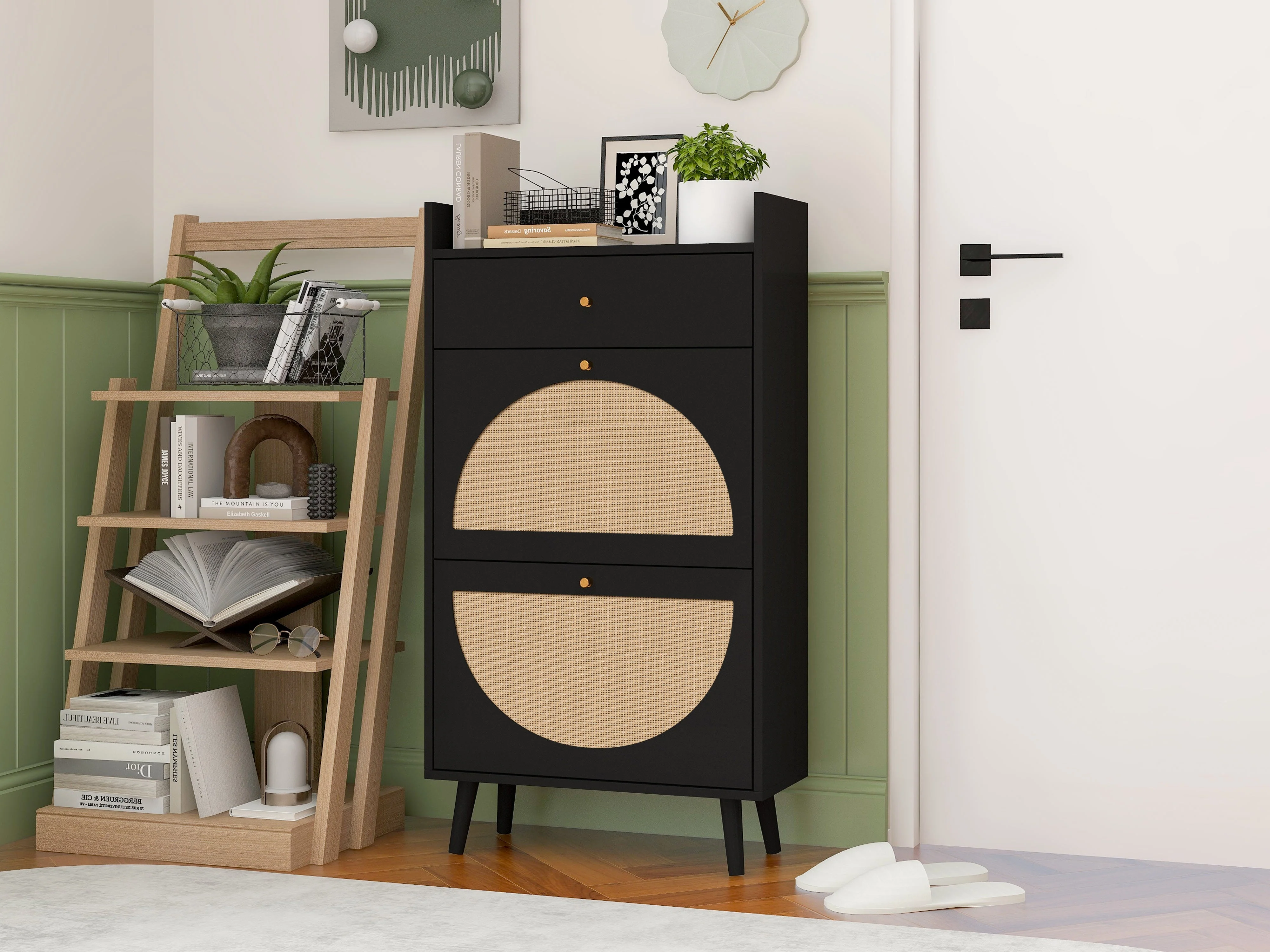 Shoe Cabinet with Two Doors, Drawer, Double Shelf, Black Rattan - Image 4