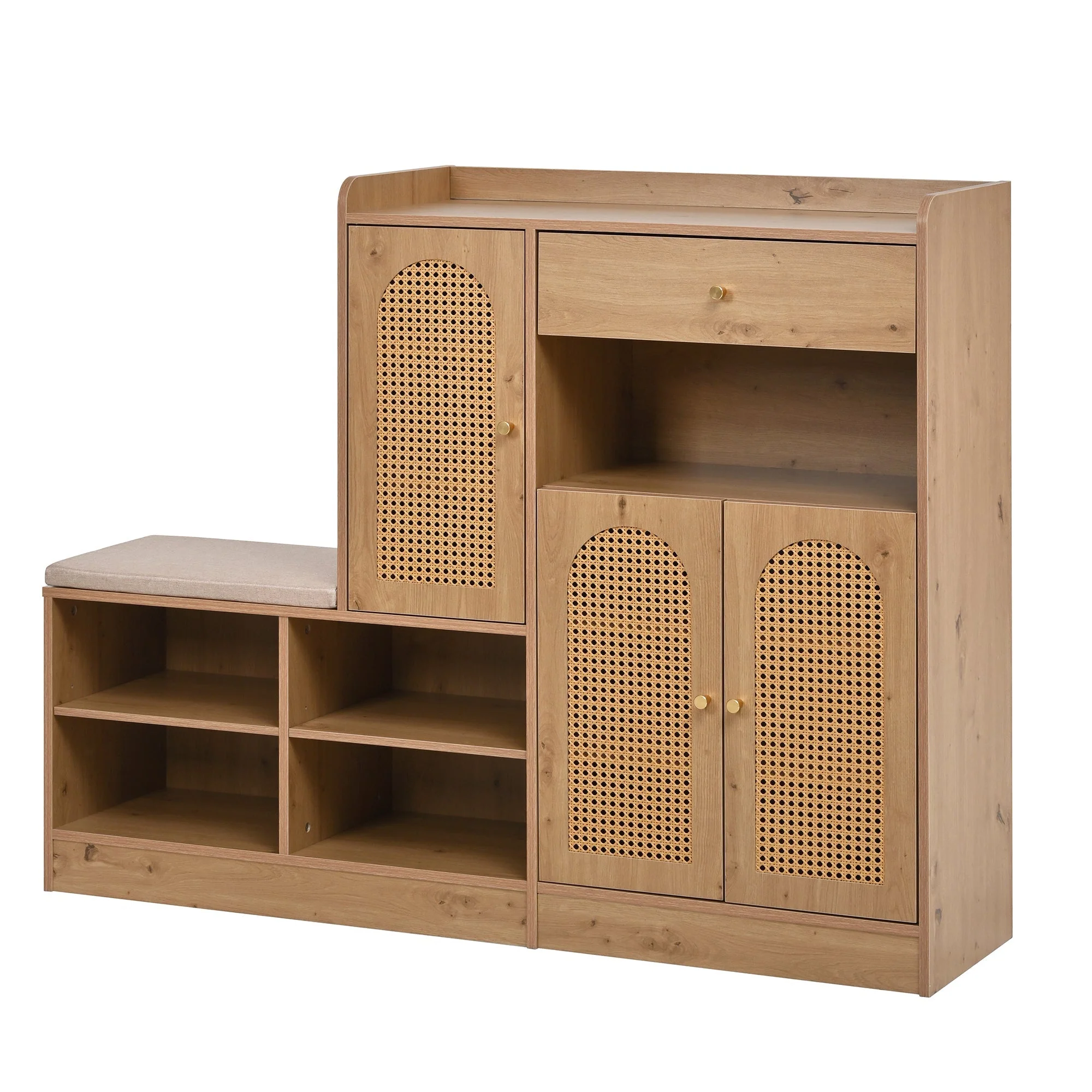 Shoe Cabinet with Upholstered Bench, 3 Rattan Doors and 1 Drawer, Wood Look - Image 10