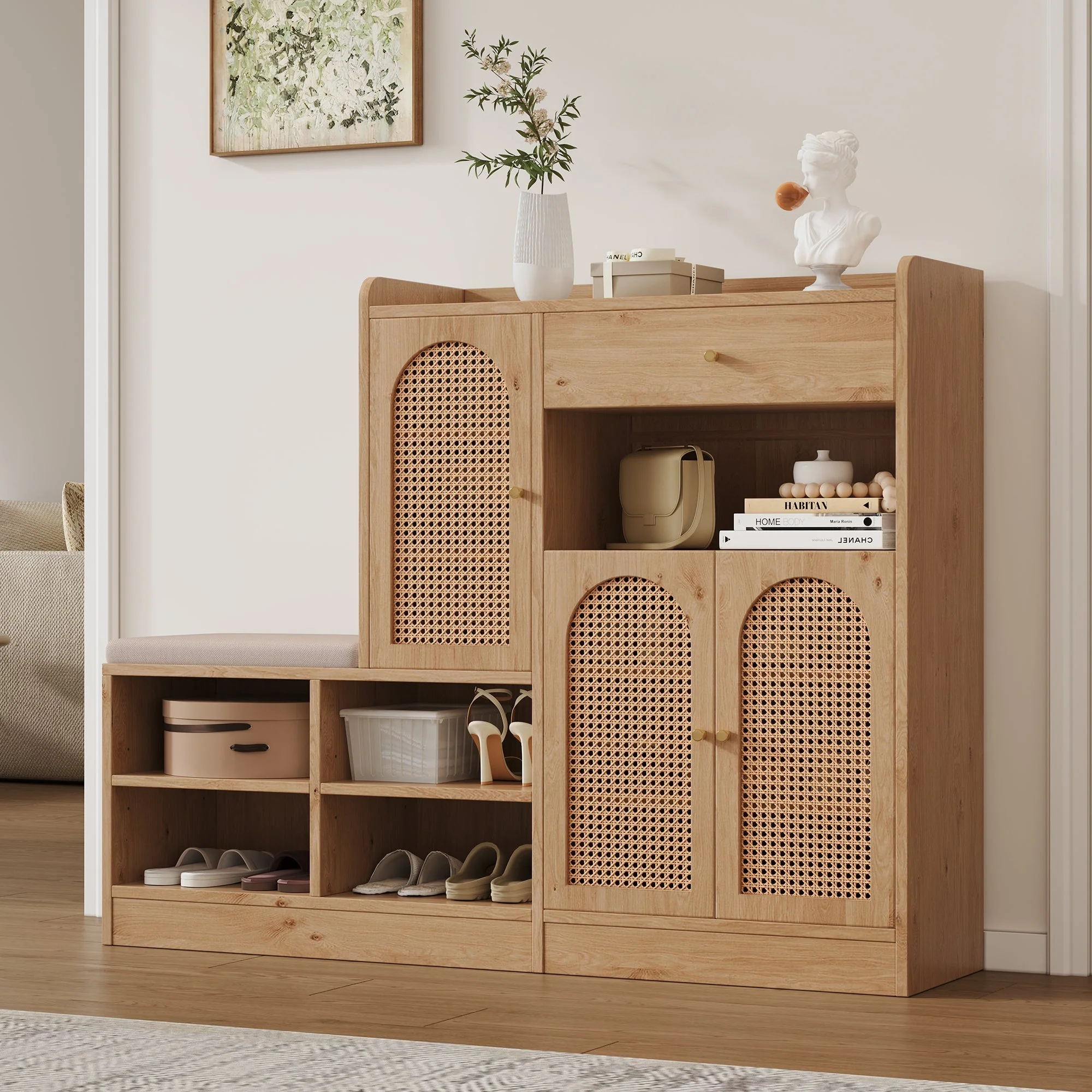 Shoe Cabinet with Upholstered Bench, 3 Rattan Doors and 1 Drawer, Wood Look - Image 3