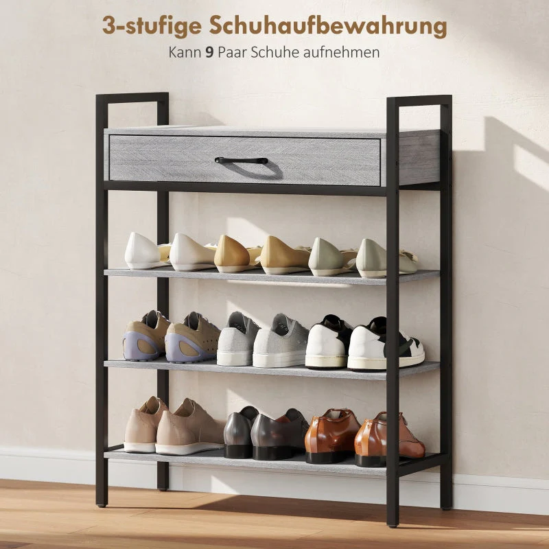 Shoe Rack 4-Tier, 9 Pairs, Chipboard Metal, Grey - Image 4