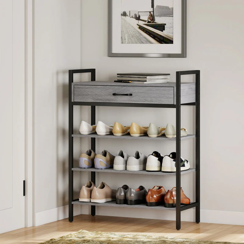 Shoe Rack 4-Tier, 9 Pairs, Chipboard Metal, Grey - Image 8