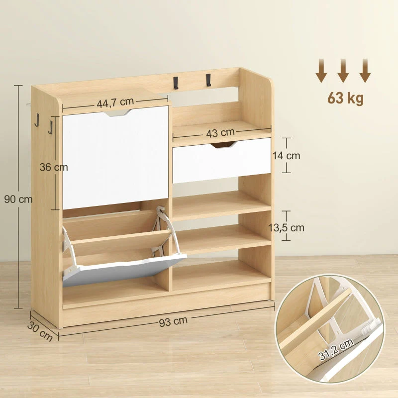 Shoe Rack with Tilting Drawers, Open Shelves, 4 Hooks, 14 Pairs, Natural - Image 3
