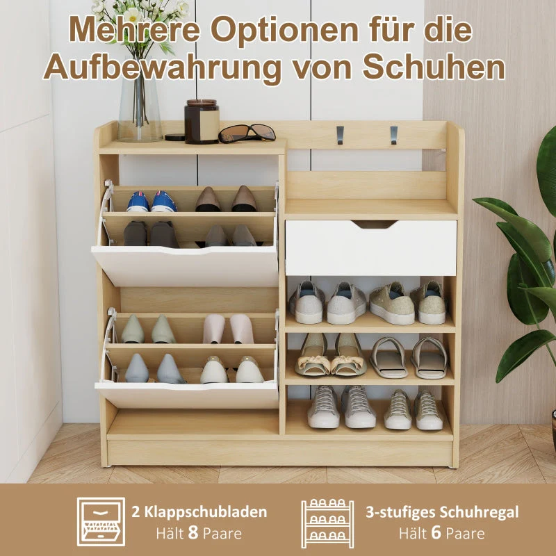 Shoe Rack with Tilting Drawers, Open Shelves, 4 Hooks, 14 Pairs, Natural - Image 4