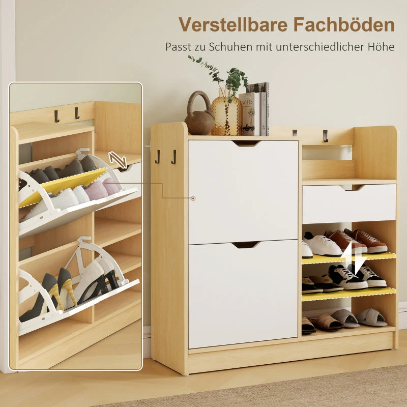 Shoe Rack with Tilting Drawers, Open Shelves, 4 Hooks, 14 Pairs, Natural - Image 5